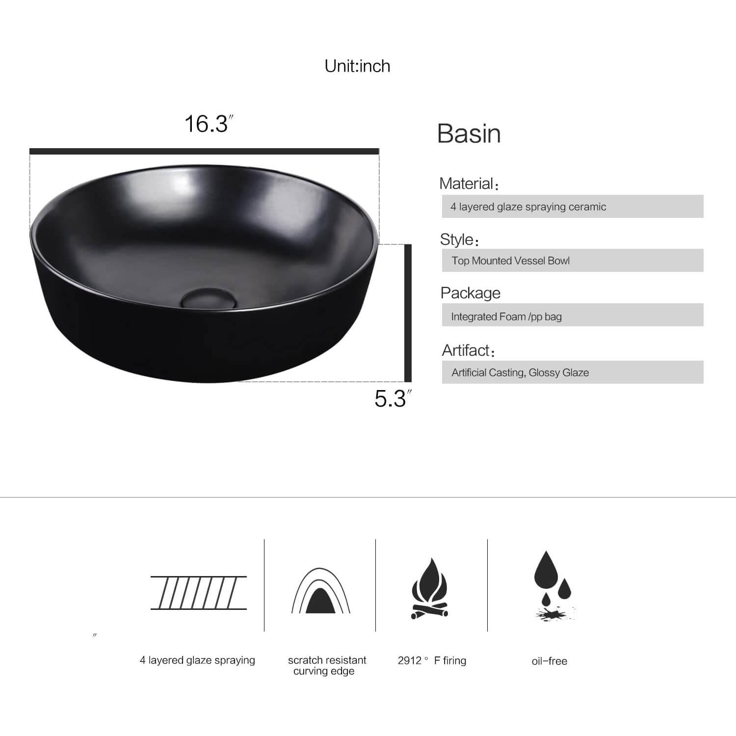 Elecwish black ceramic round sink size and specification