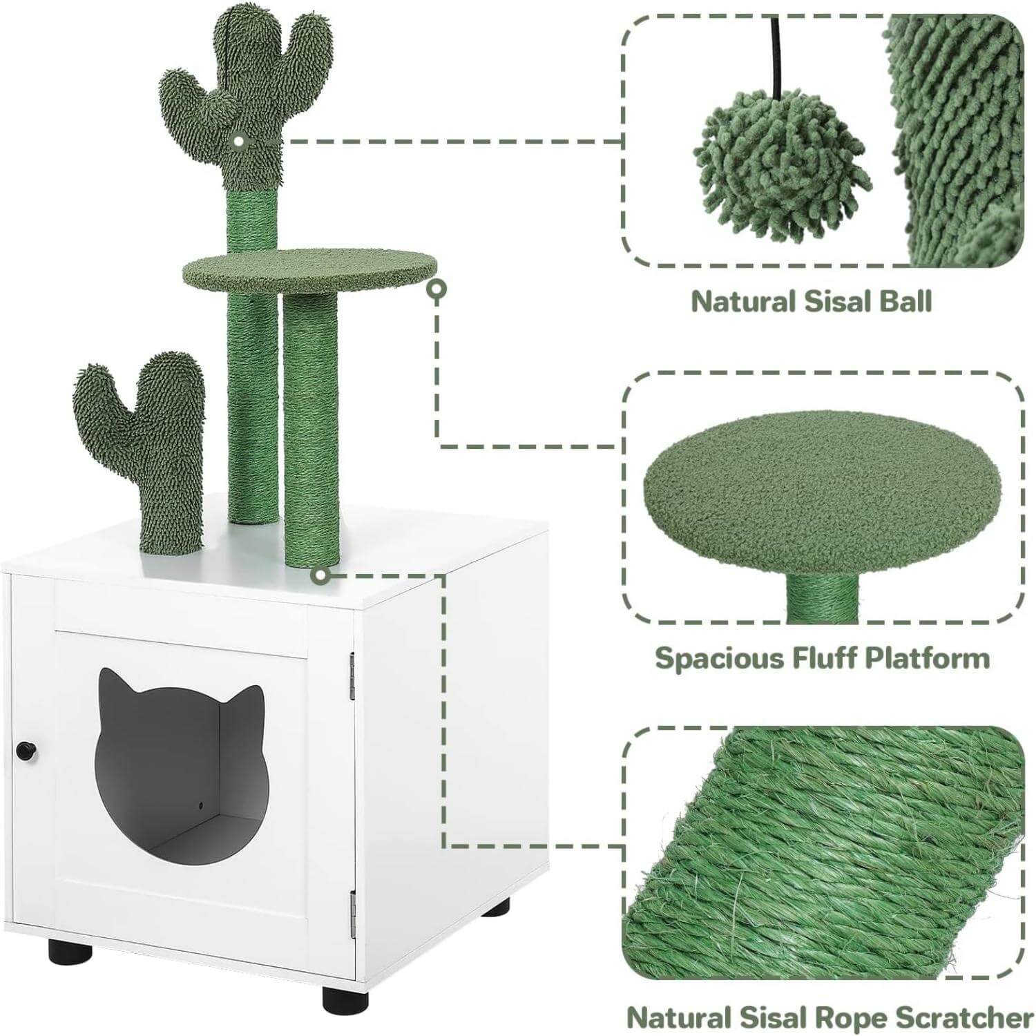 Litter Box Enclosure with Cactus Cat Tree Tower details