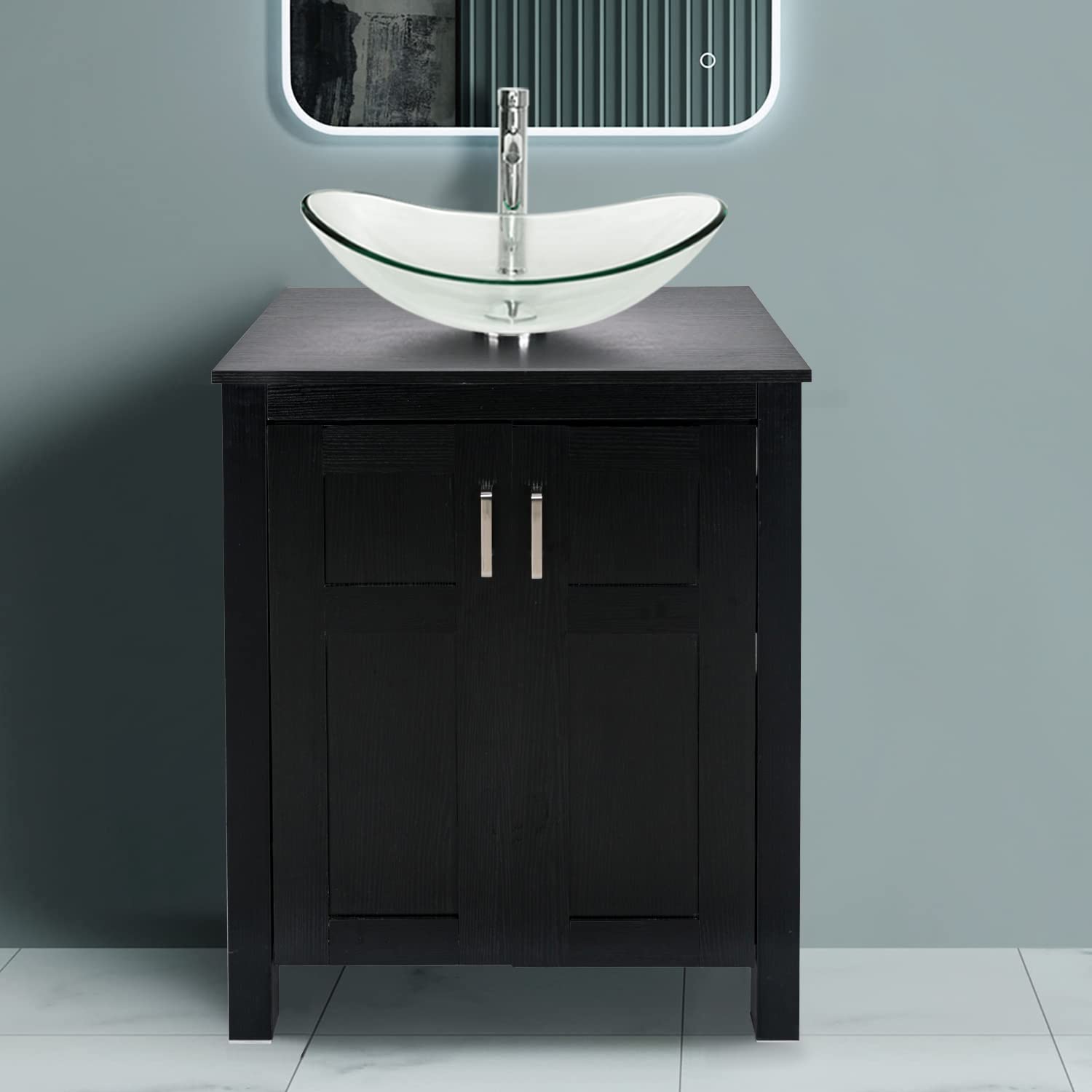 Black Bathroom Vanity Set with Clear Boat Vessel Sink HW1120 display scene