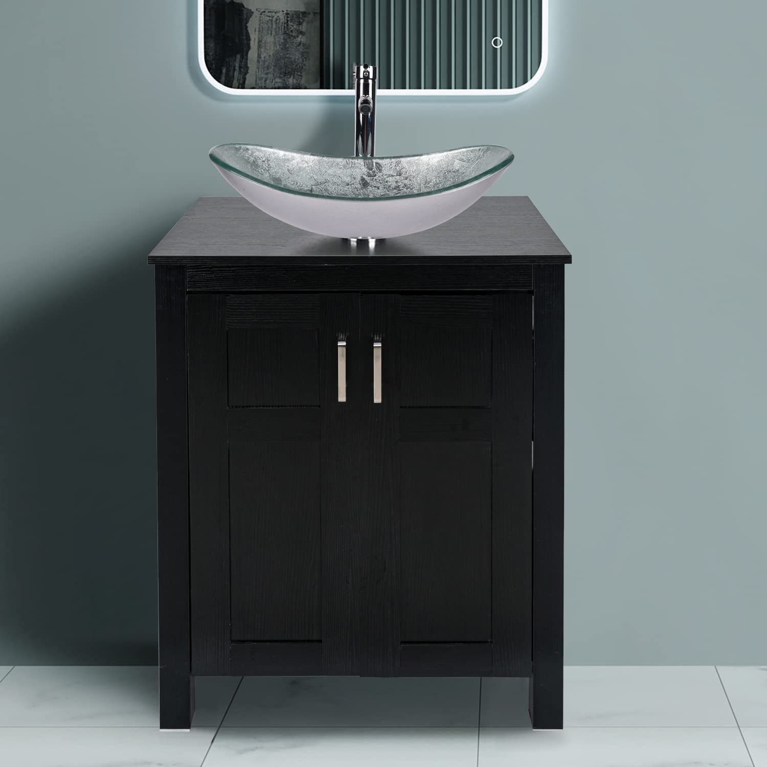 Black Bathroom Vanity Set with Silver Boat Vessel Sink HW1120 display scene