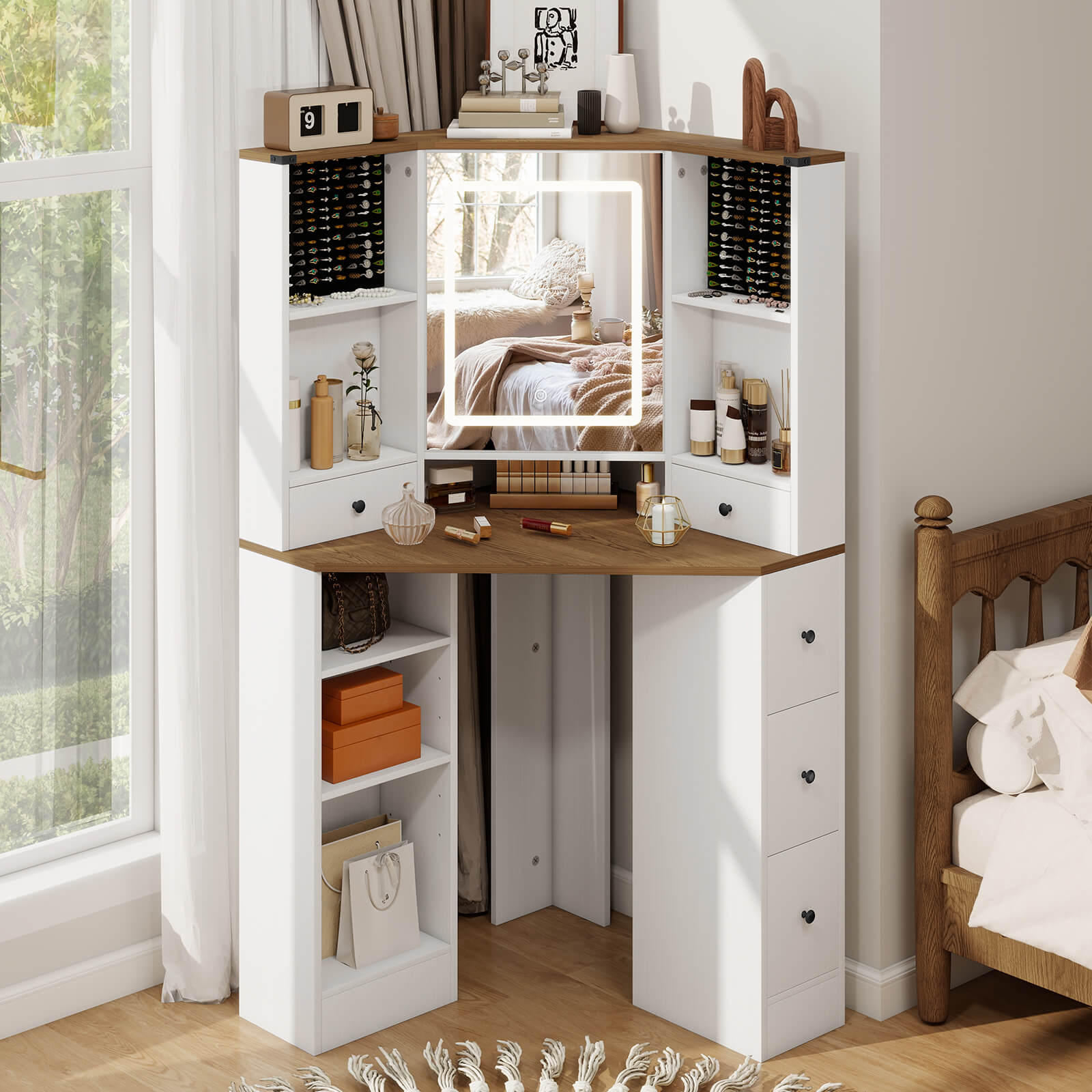 corner dressing table design 55.2 Inch White Corner L-Shaped Dressing Table with 6 Drawers Perfect for Bedrooms or Study Rooms - Khaki