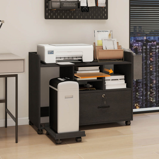 File Cabinets for Home Office Printer Stand with Storage Black Rolling Office Organizer with Lock Under Desk Filing Cabinet with Adjustable Shelves and Charging Station OC04