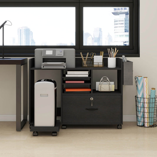 File Cabinets for Home Office Printer Stand with Storage Black Rolling Office Organizer with Lock Under Desk Filing Cabinet with Adjustable Shelves and Charging Station OC04