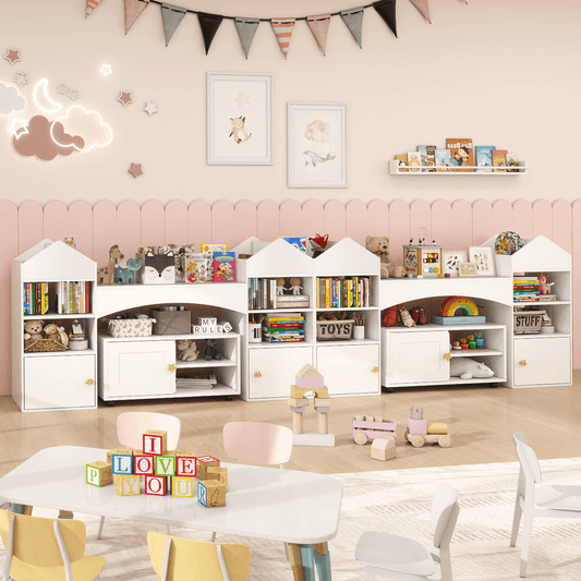 Kids Bookshelf and Toy Storage with Reading Nook Kid Bookcase with Desk and Organizer Cubbies Drawers 55'' White Large Child Book Shelves with Movable Stool for Children Bedroom BB013