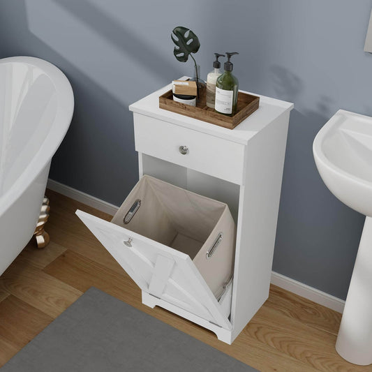 Free Standing Kitchen Bathroom Tilt Out Laundry Hamper Storage Cabinet with Drawer, White KA004