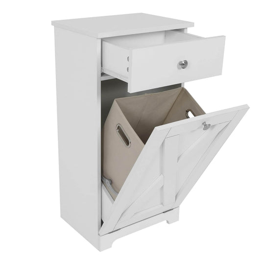 Free Standing Kitchen Bathroom Tilt Out Laundry Hamper Storage Cabinet with Drawer, White KA004