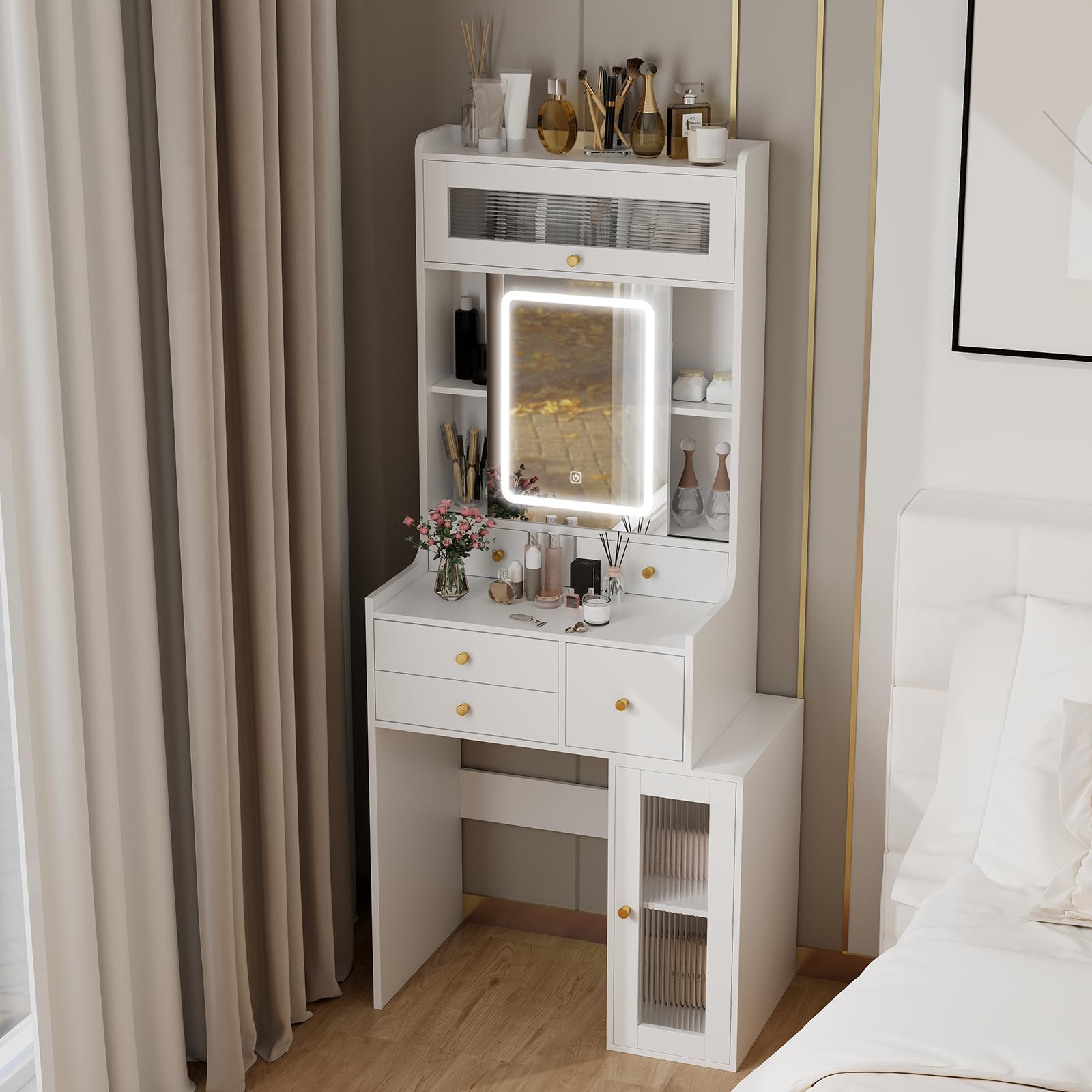 Small Vanity Desk with Sliding Mirror and Lights White Makeup Vanities Set with Drawers Compact Dressing Table with Cabinet and Adjustable Shelves for ... Small Vanity Desk with Sliding Mirror and Lights White Makeup Vanities Set with Drawers Compact Dressing Table with Cabinet and Adjustable Shelves for ...