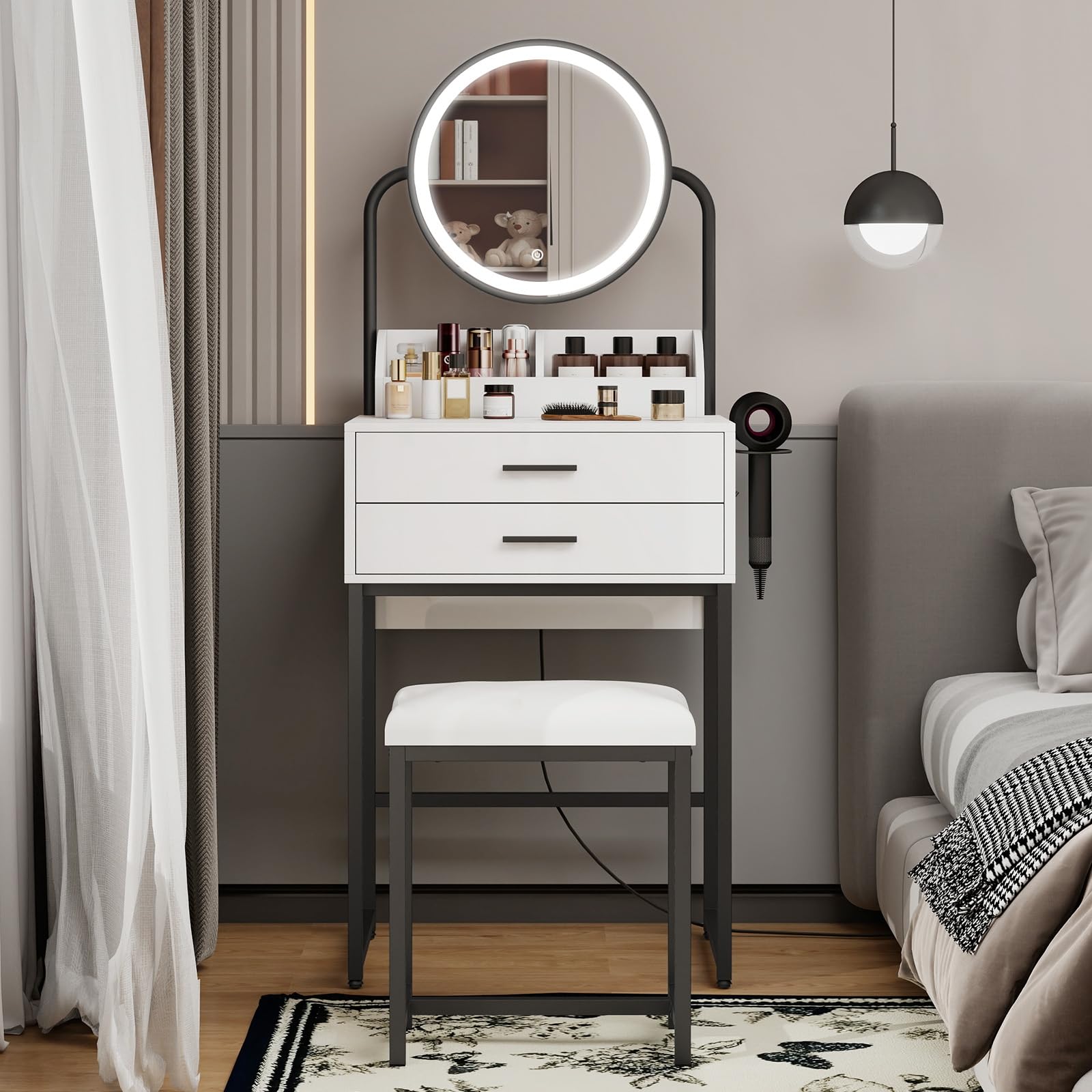 modern dressing table lights Amazon.com: T4TREAM 48" Fluted Makeup Vanity Desk with 48" Large Mirror and HD LED Lights, Modern Vanity Table with 9 Drawers & Charging Station, Glass Top and Golden Handles Dressing Table for