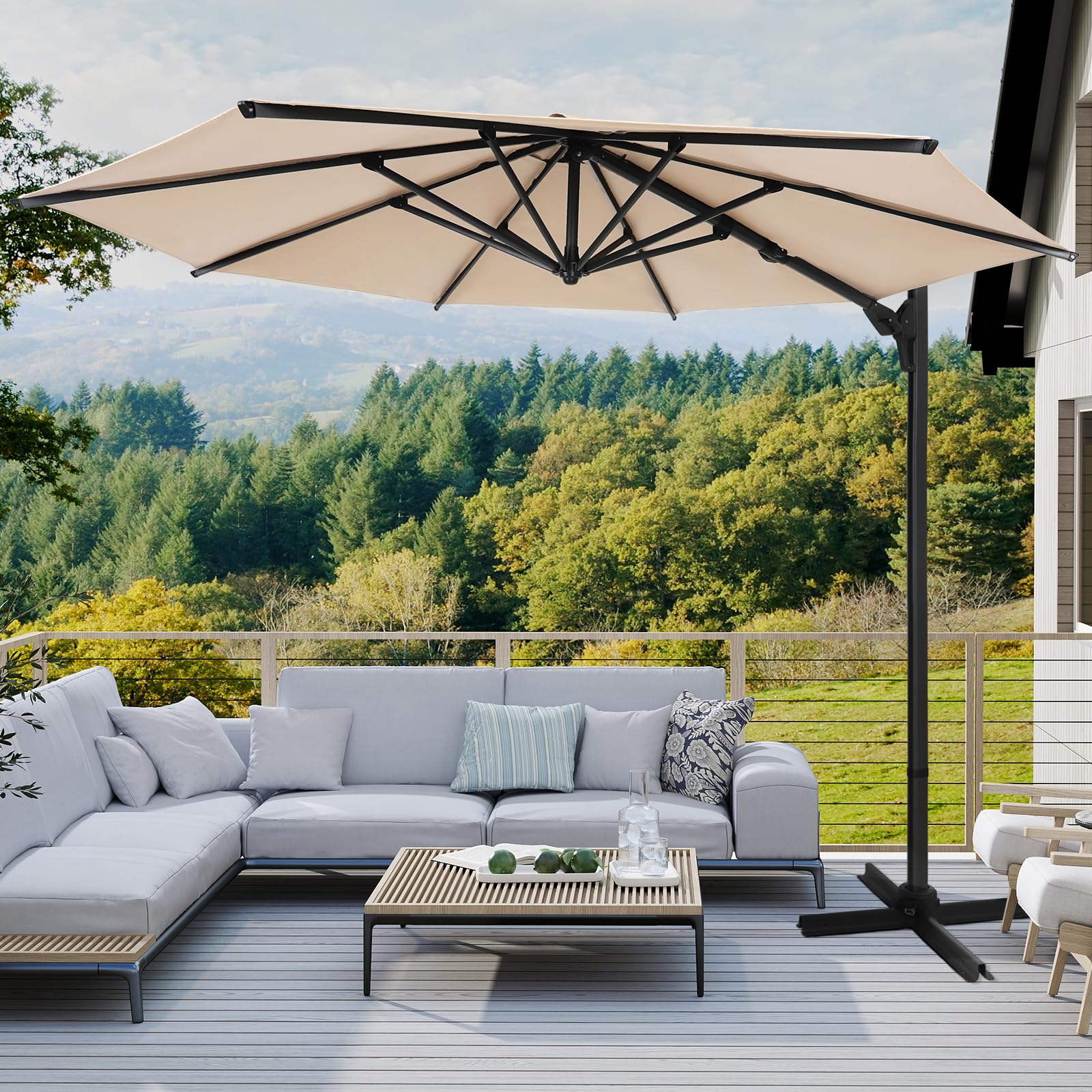 10ft Large Round Cantilever Patio Umbrella with Base Included, Windproof Offset Umbrella with 360°Rotation and 0.07 10ft Large Round Cantilever Patio Umbrella with Base Included, Windproof Offset Umbrella with 360°Rotation and 0.07