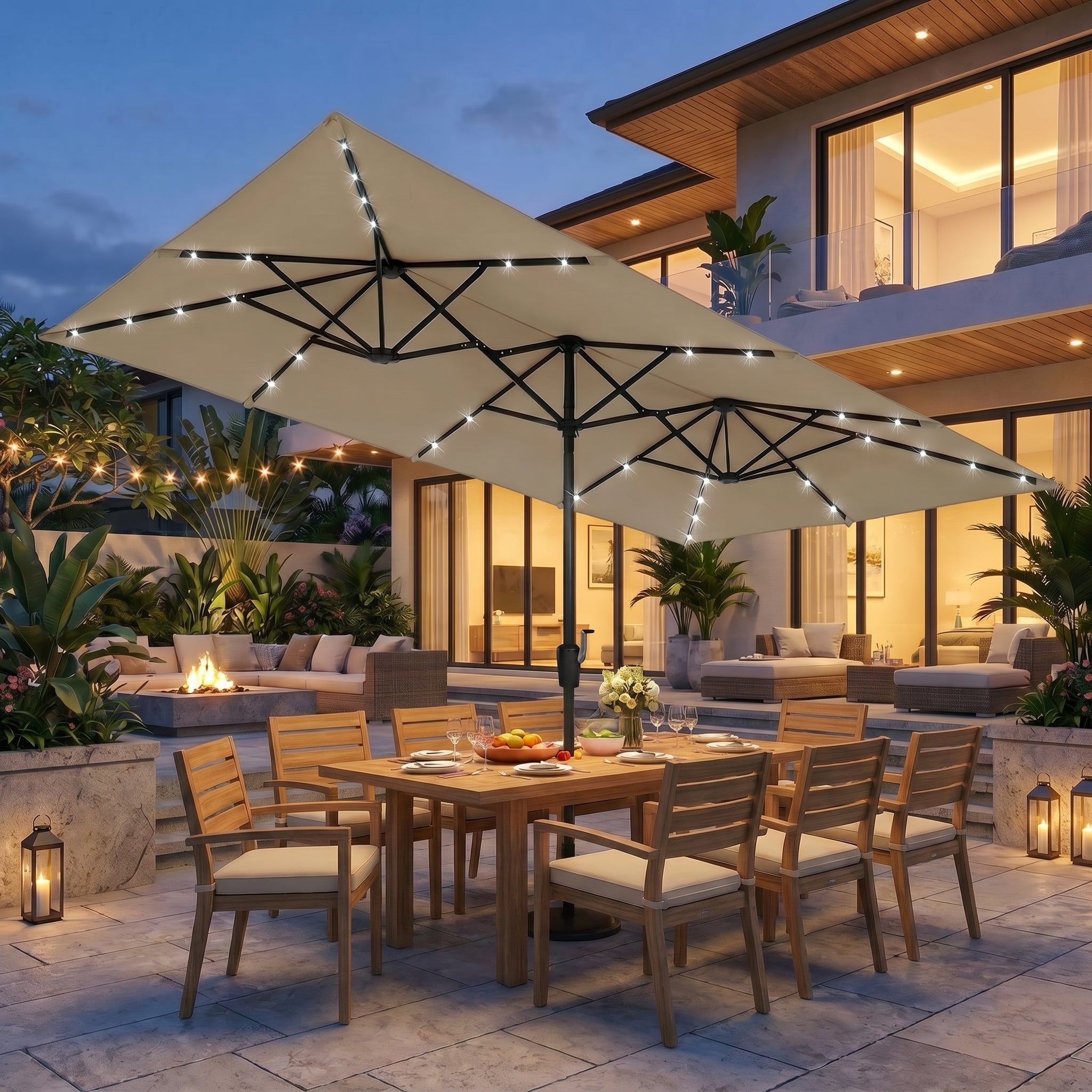 cheap patio sets with umbrella wish 15 FT Large Patio Umbrella with Solar LED Light, Double Sided Rectangl