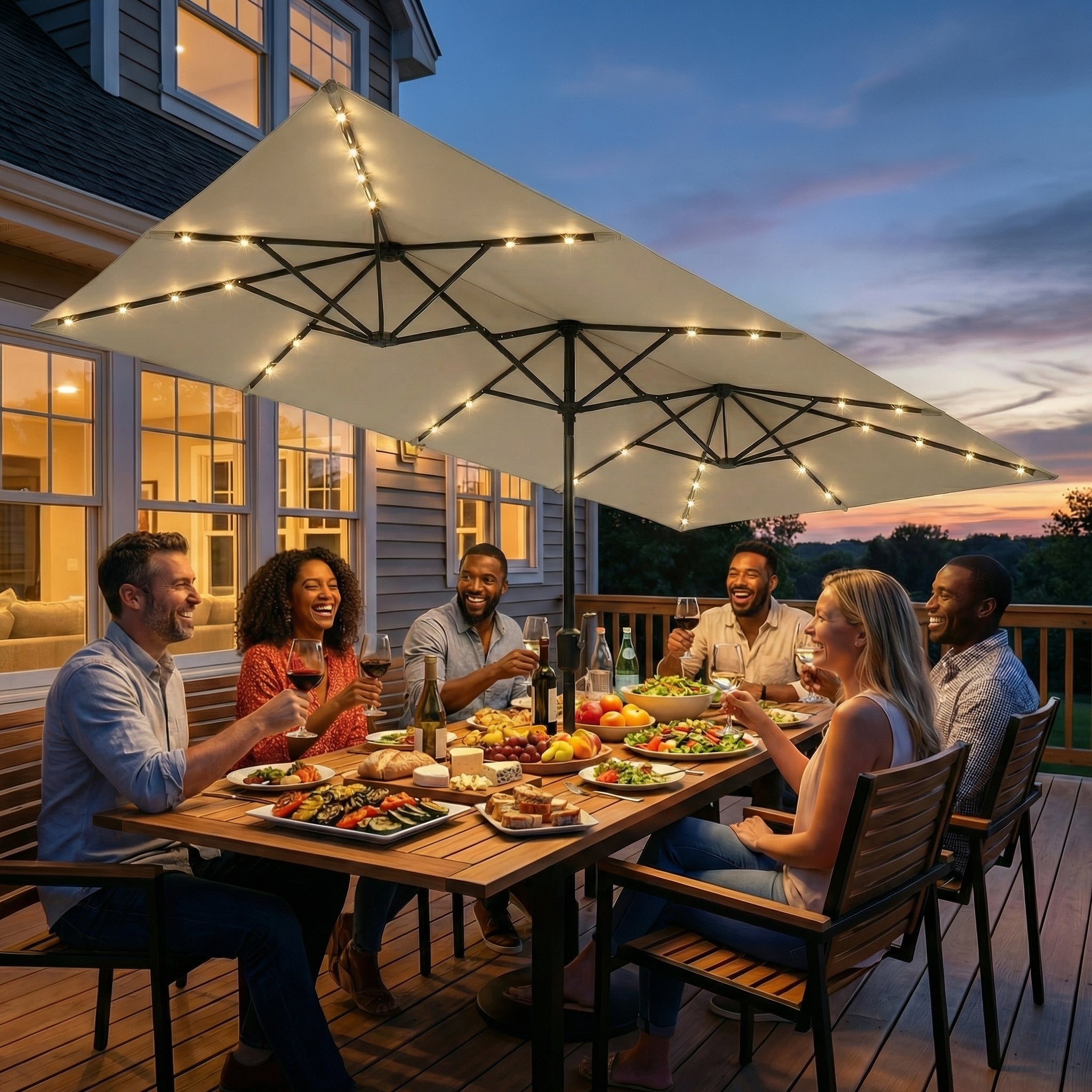 15 FT Large Patio Umbrella with 36 Solar LED Light, Double Sided Recta