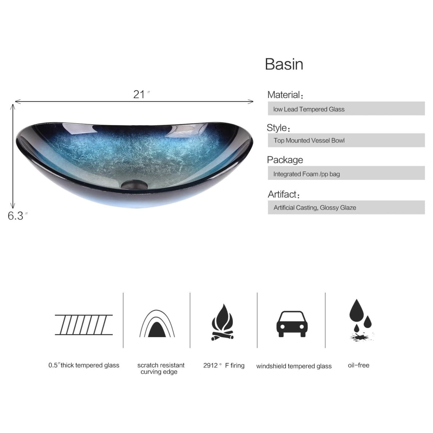 Elecwish Blue Boat Sink size and description