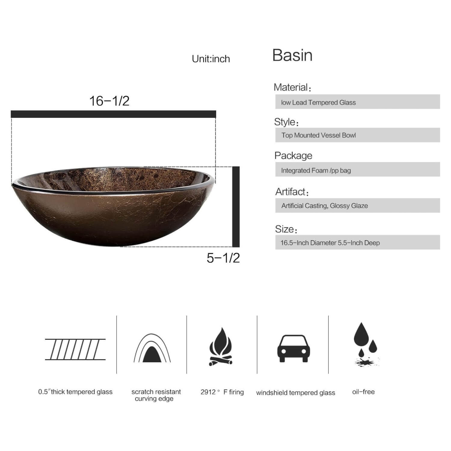 Elecwish brown round sink basin size and descriptions