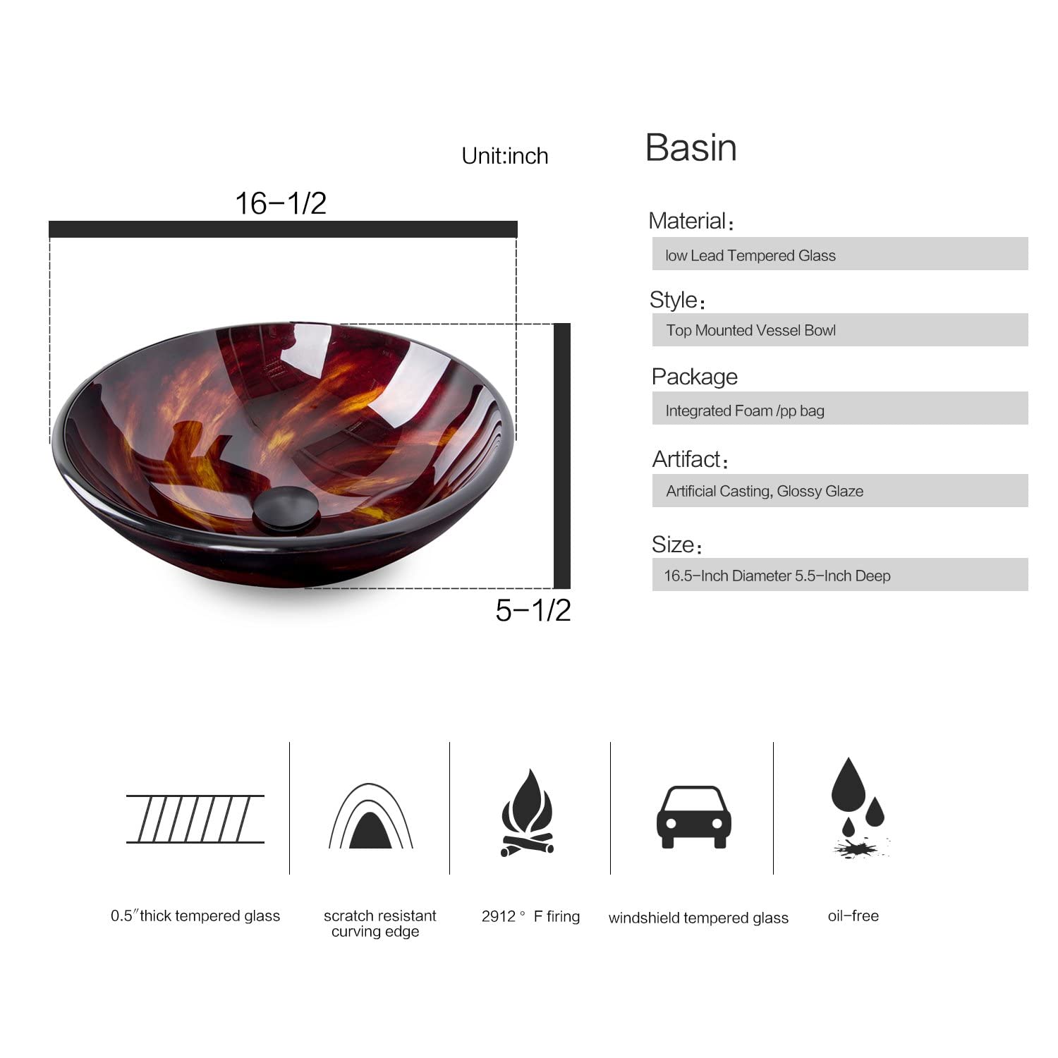 Elecwish frame red glass sink size and details