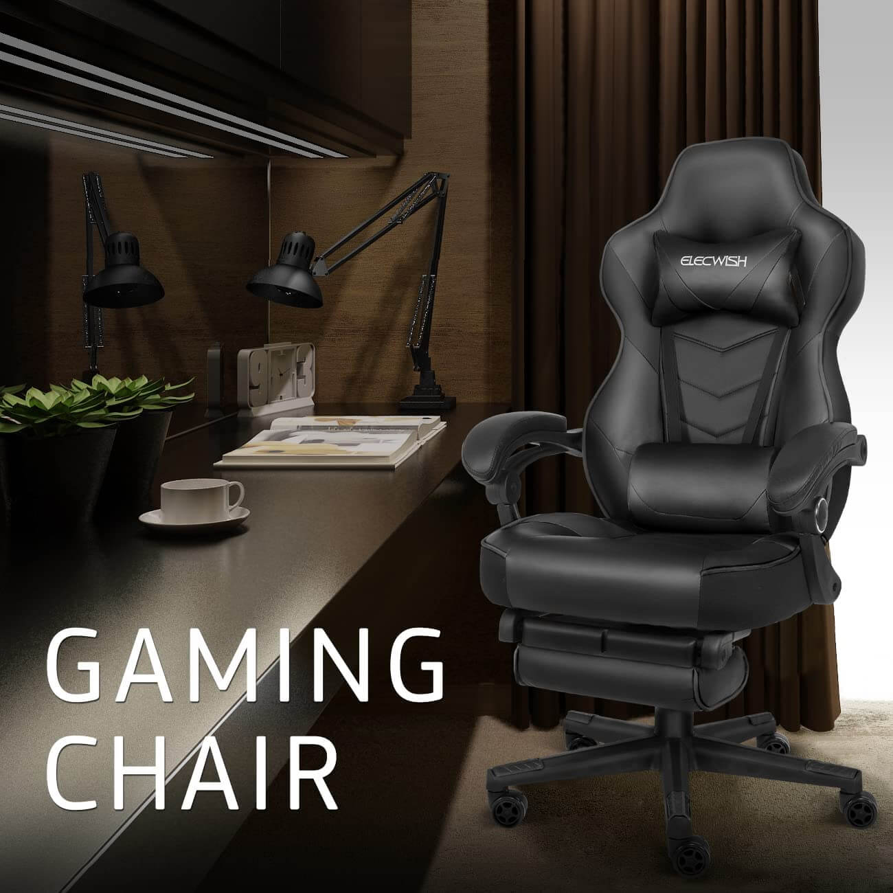 Elecwish black massage gaming chair with footrest OC112 display