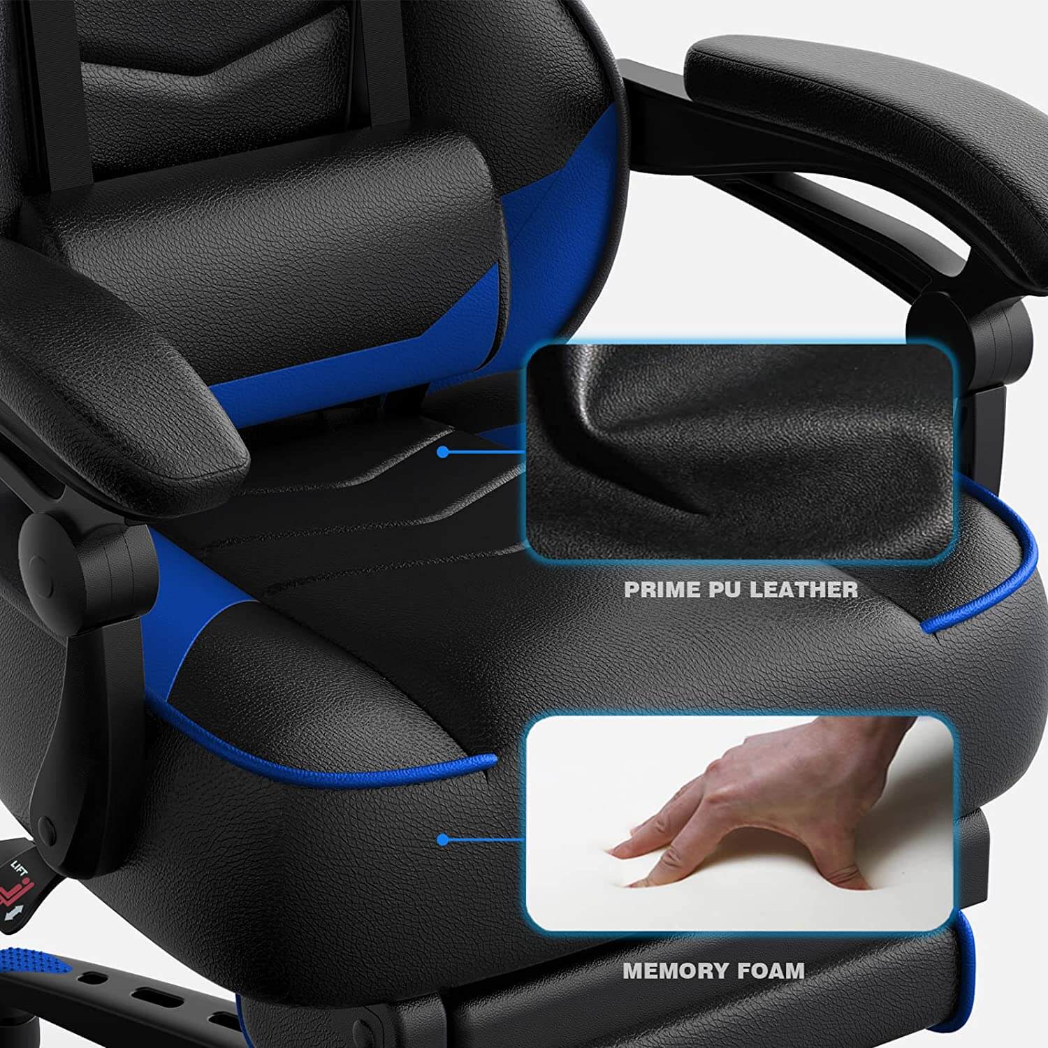 Elecwish blue massage gaming chair with footrest OC112 has orime PU leather and memory foam
