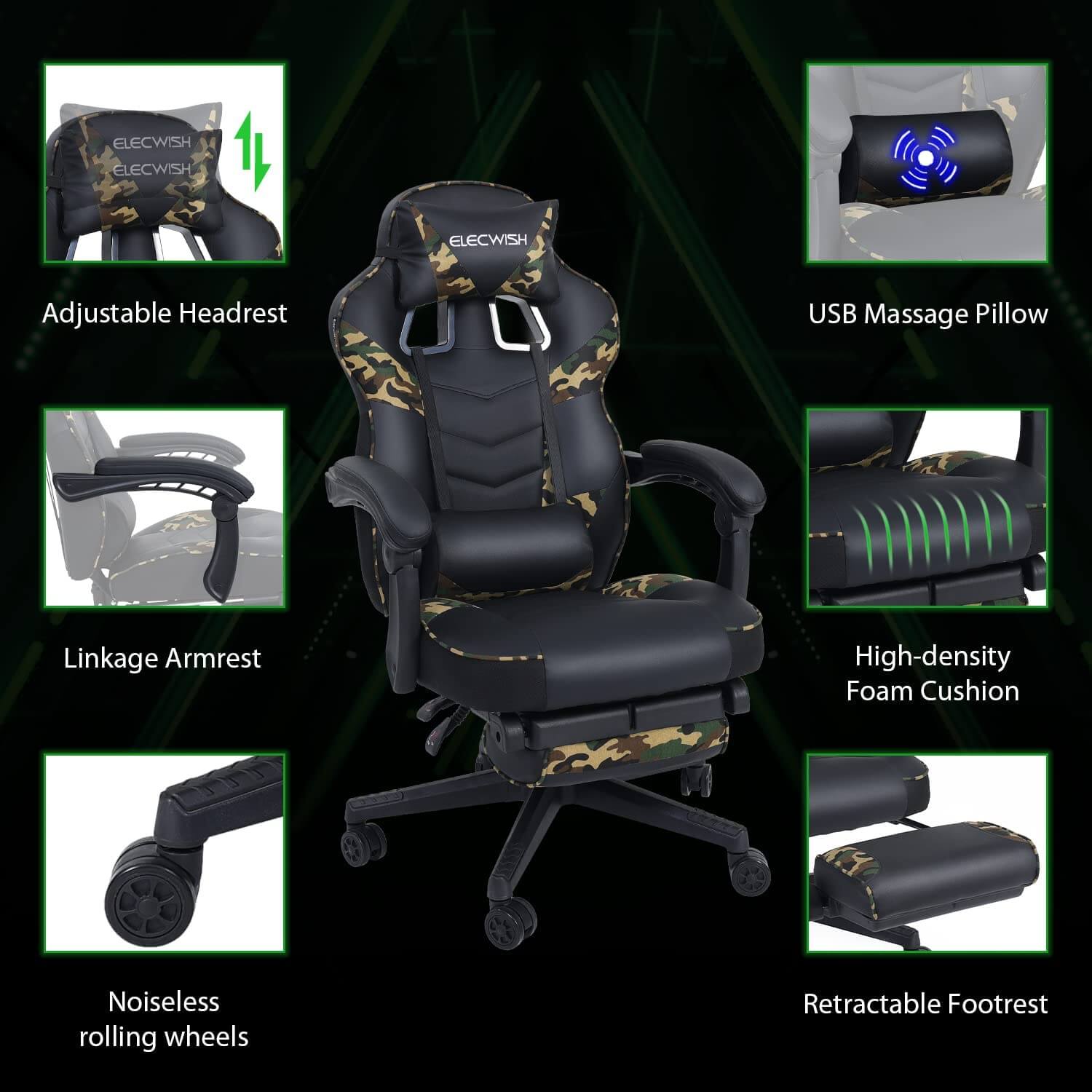 Six features of Elecwish camo massage gaming chair with footrest OC112