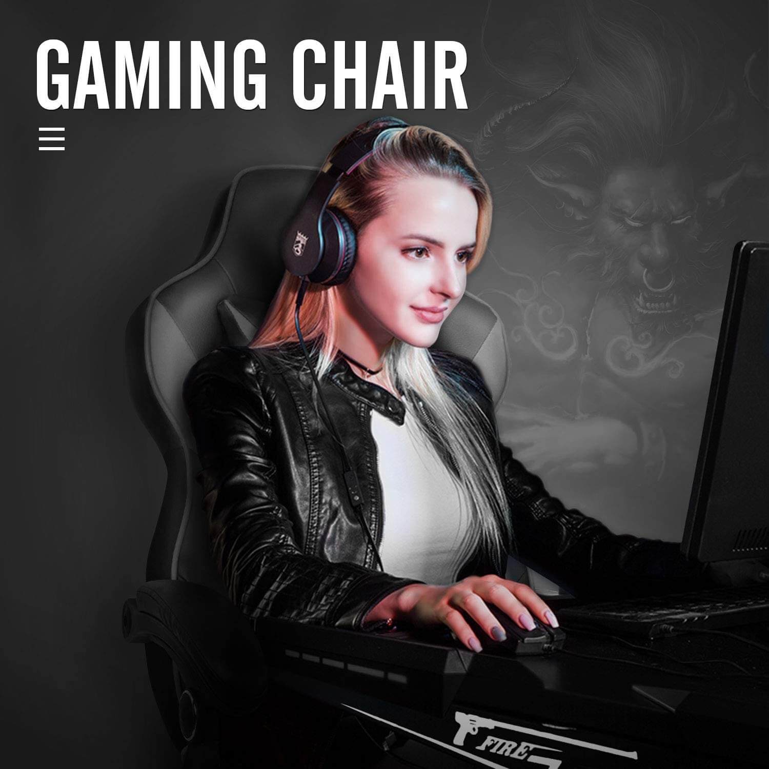 Girl sit on the Elecwish gray massage gaming chair with footrest OC112 playing computer