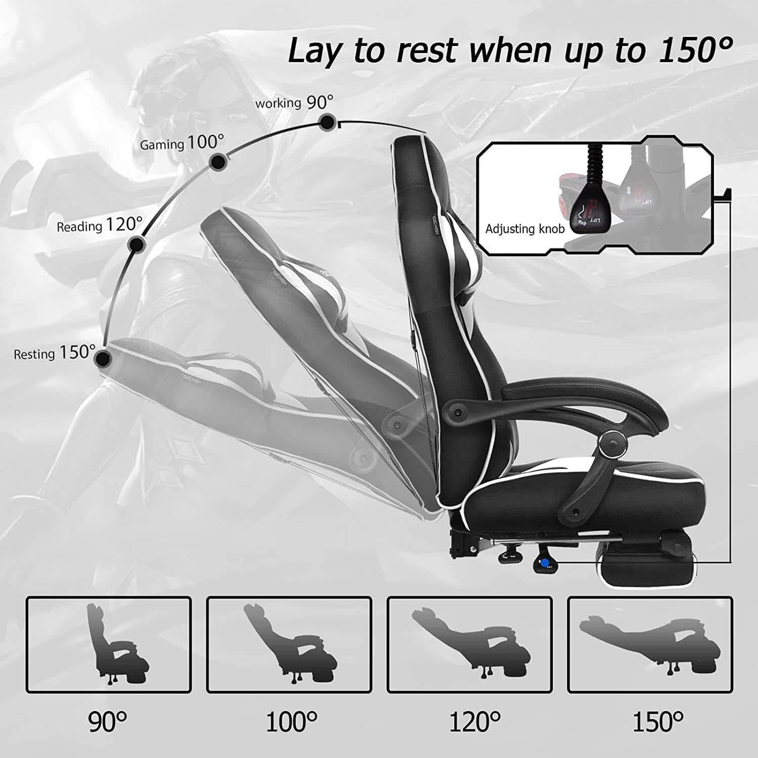 Elecwish white massage gaming chair with footrest OC112 can lay to rest when up to 150°