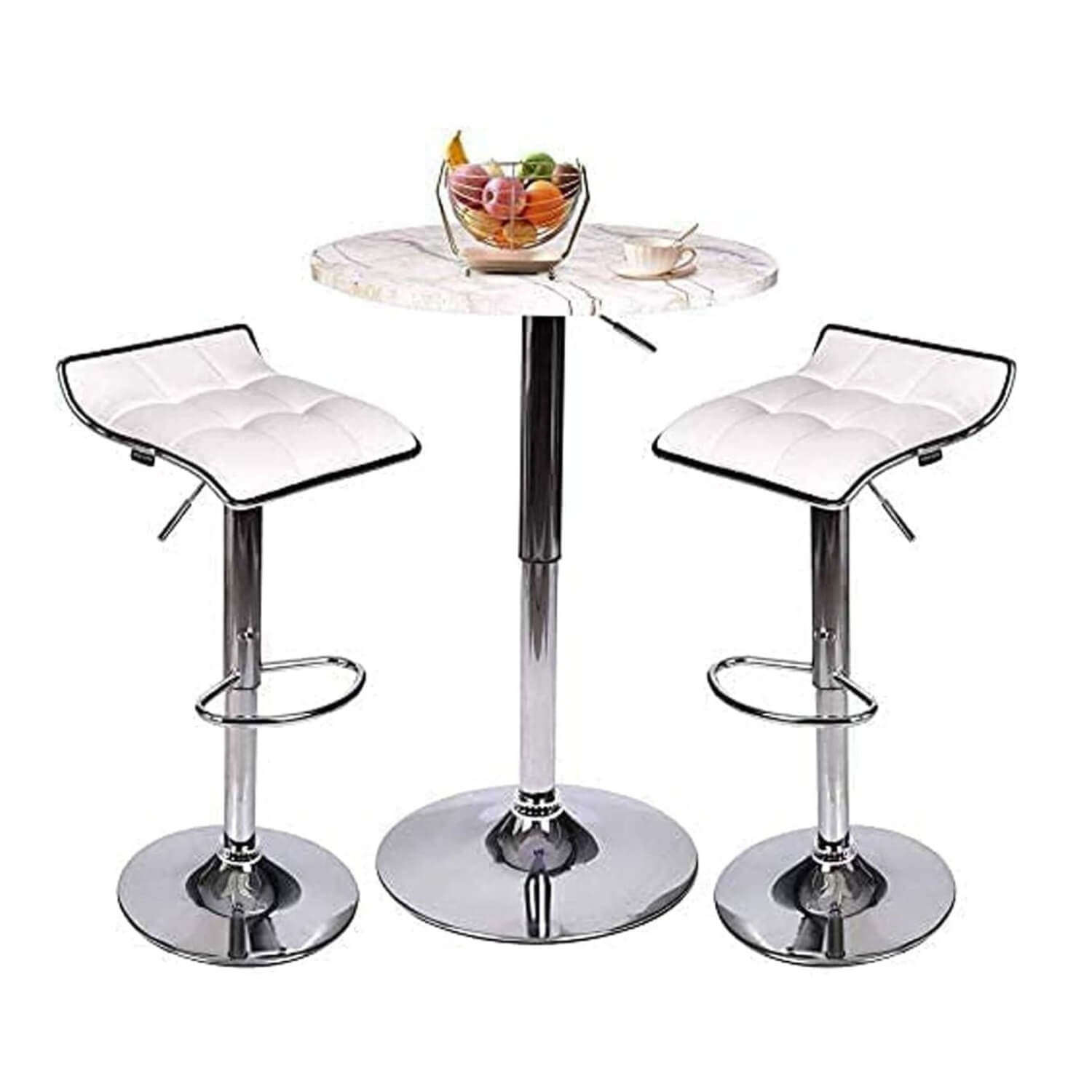 Elecwish Marble White Bar Table with Two Grid White Bar Stools Set 3-Piece OW0306