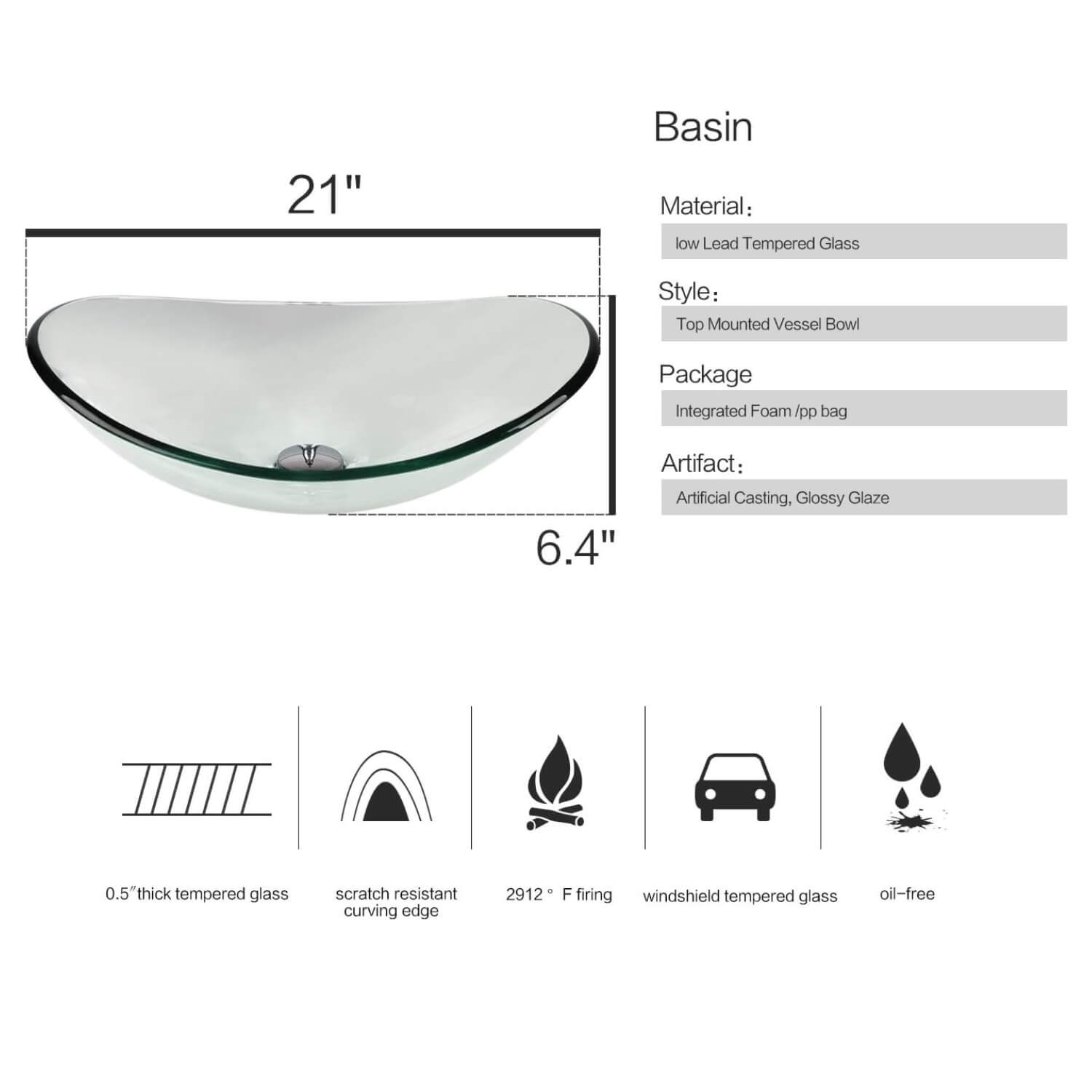 Elecwish clear boat glass sink specification