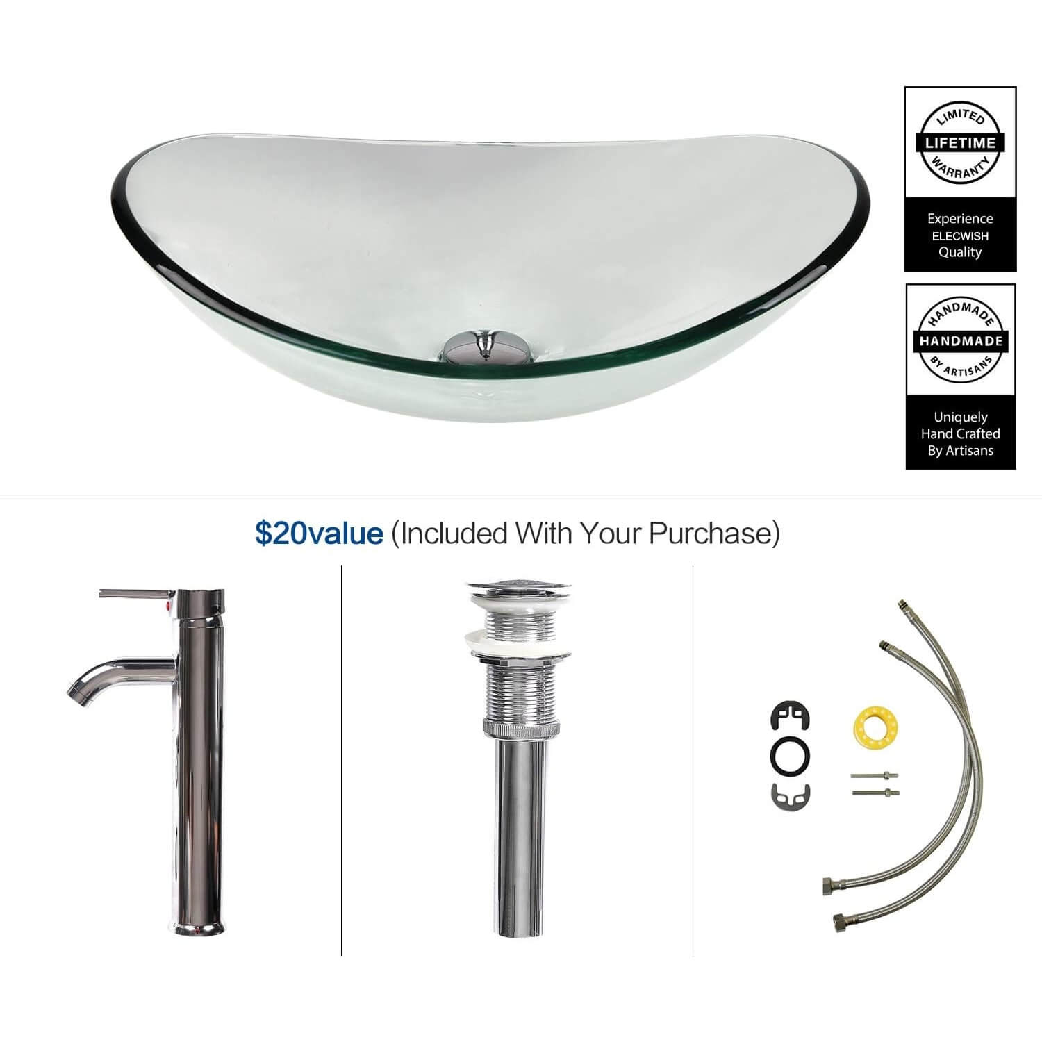 Elecwish clear boat glass sink included parts