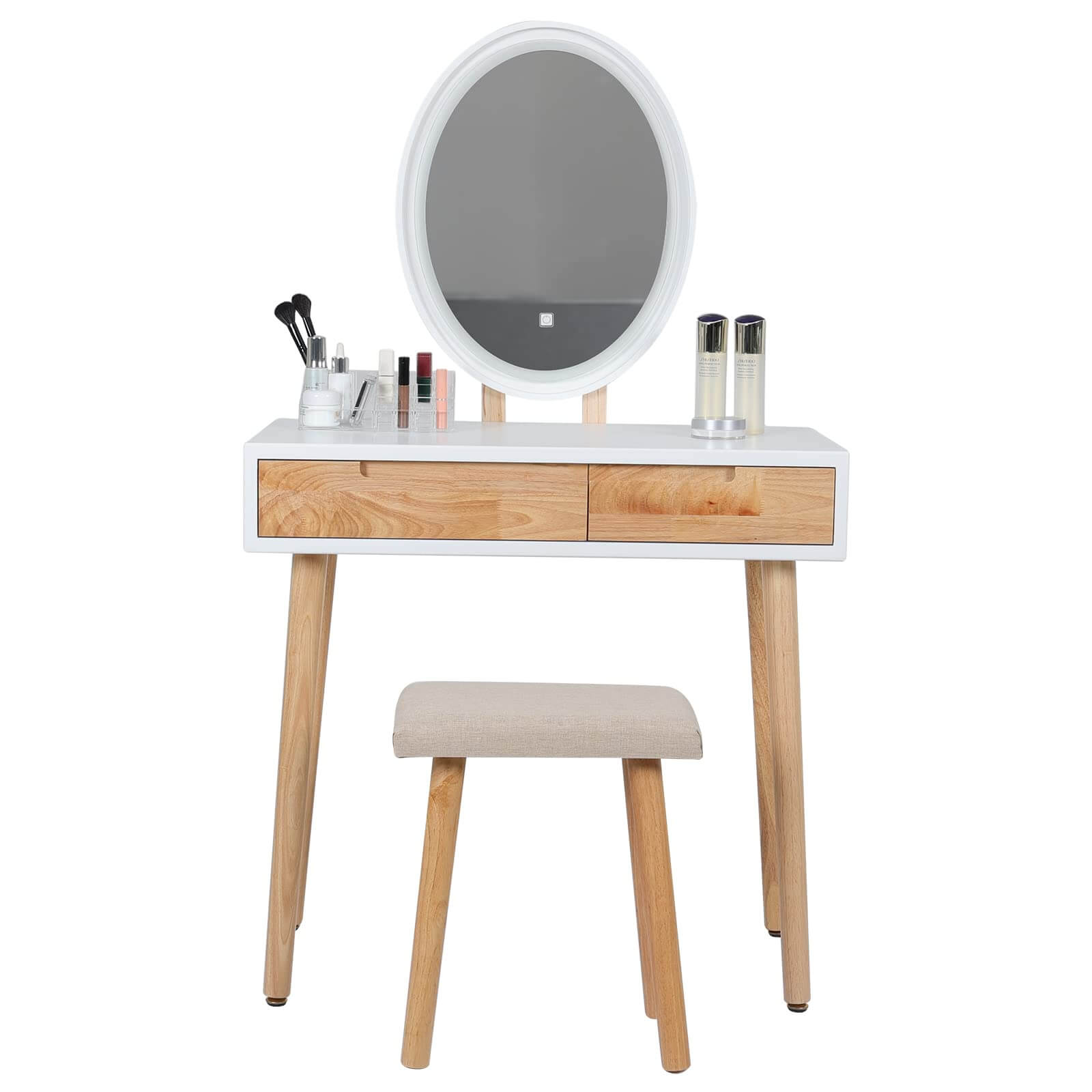 Vanity table set with adjustable on sale brightness mirror and cushioned stool