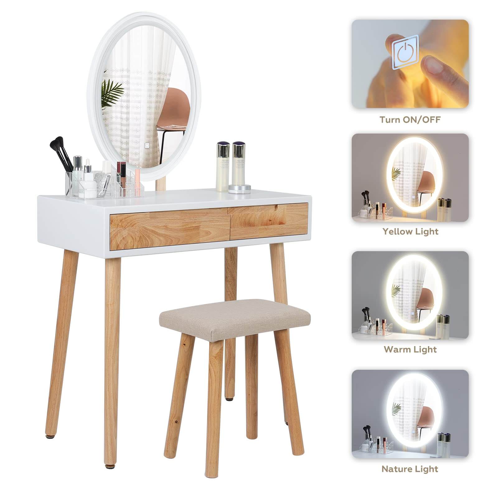 LED light display of Elecwish Vanity Makeup Table Set with Adjustable LED Oval Mirror IF11213
