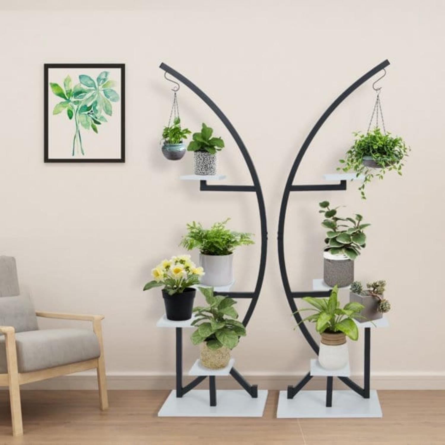 Elecwish Black White Plant Stand Indoor,2 PCS 5 Tier Half Moon Plant Shelf displays in the livingroom