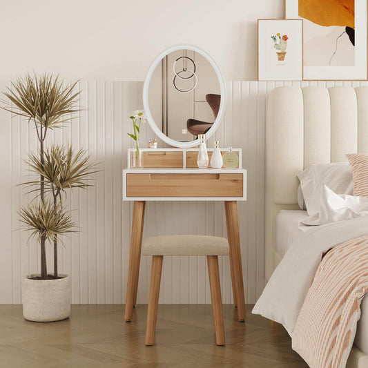 Small Makeup Vanity Desk with Lights, Compact Vanity Desk with Adjustable Brightness Mirror for Small Spaces, Dressing Table with Drawers and Storage Shelves IF041