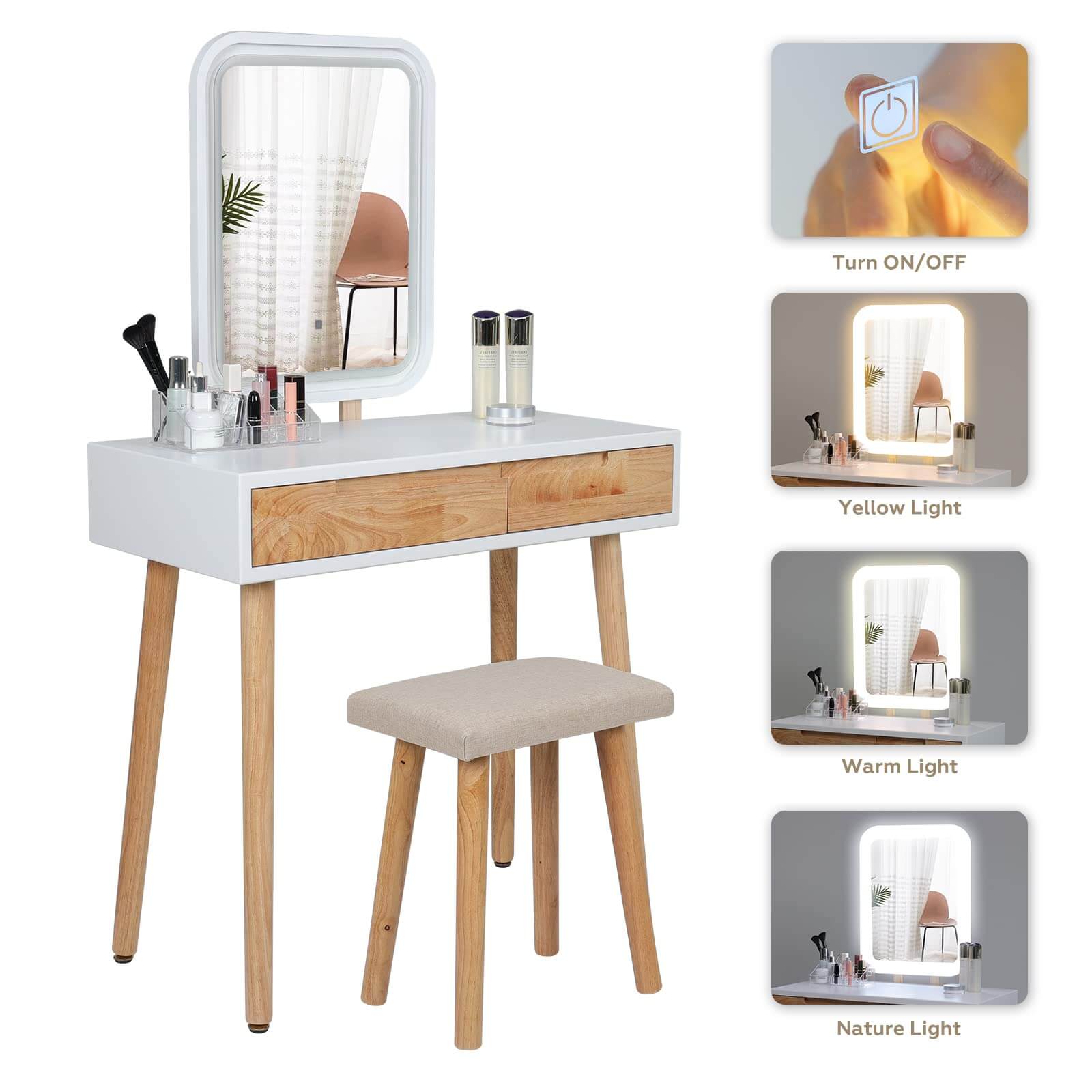 3 different brightness lights of Elecwish Vanity Makeup Table Set with Adjustable LED Square Mirror IF113