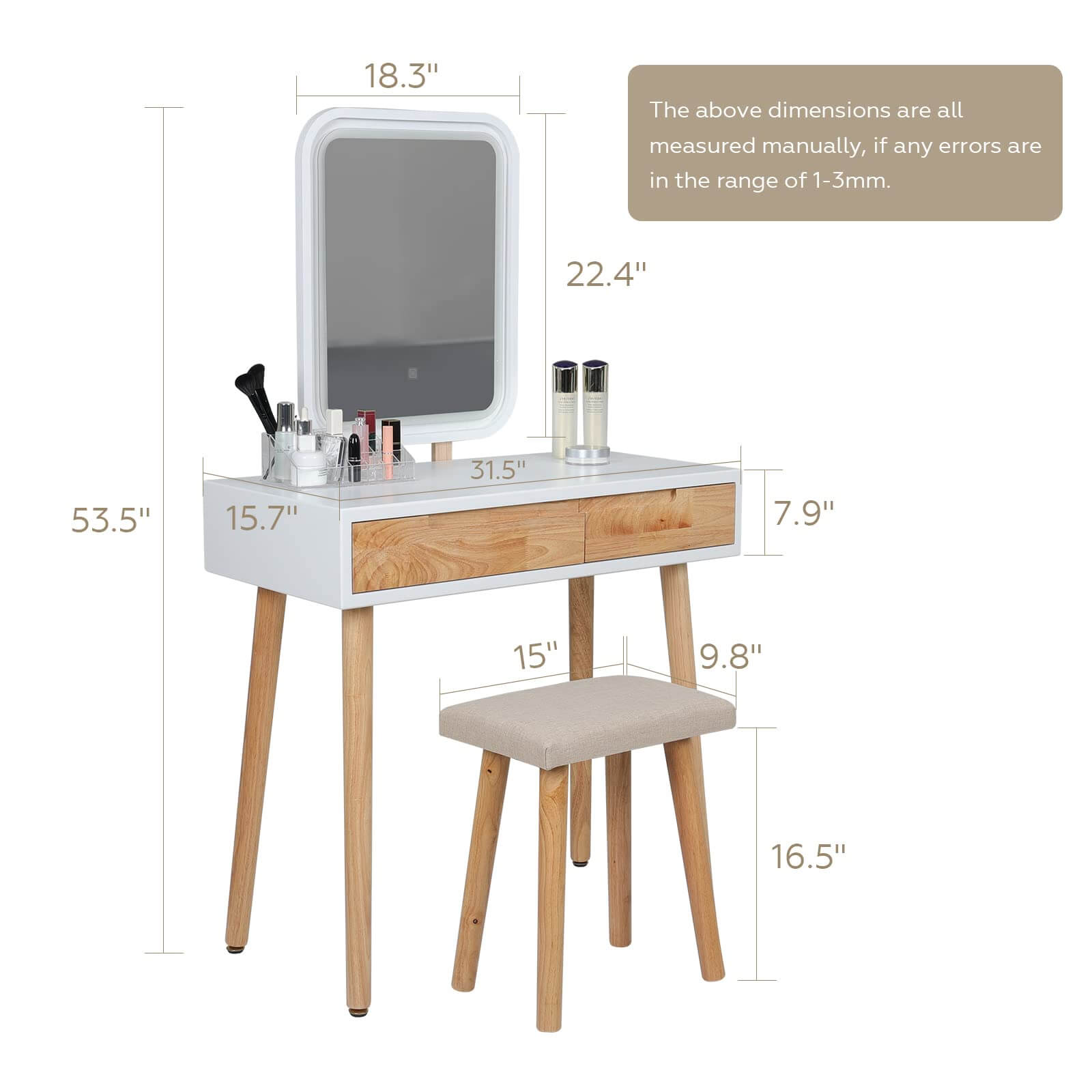 Elecwish Vanity Makeup Table Set with Adjustable LED Square Mirror IF113 size