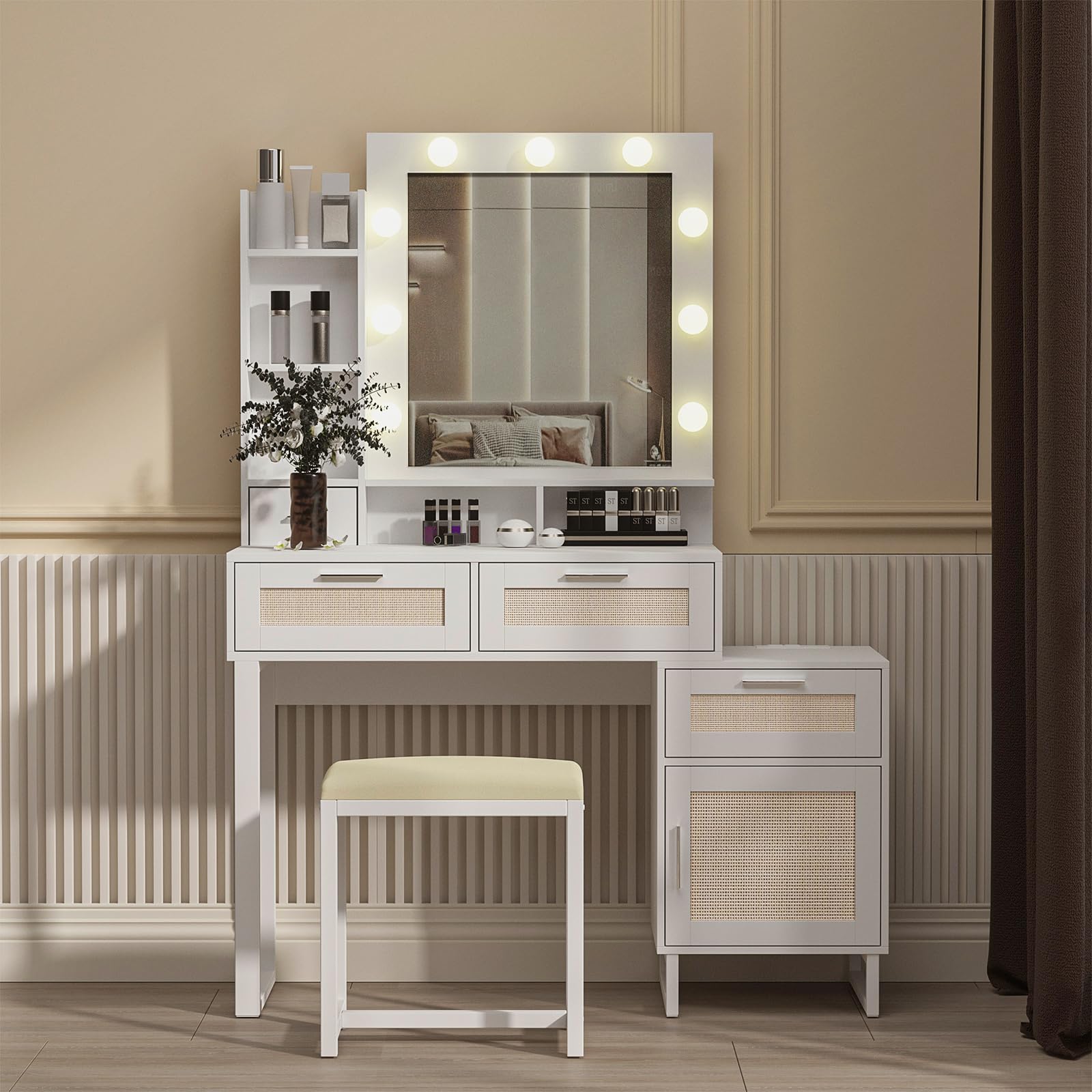 White and Rattan Vanity Table Set IF007 displays