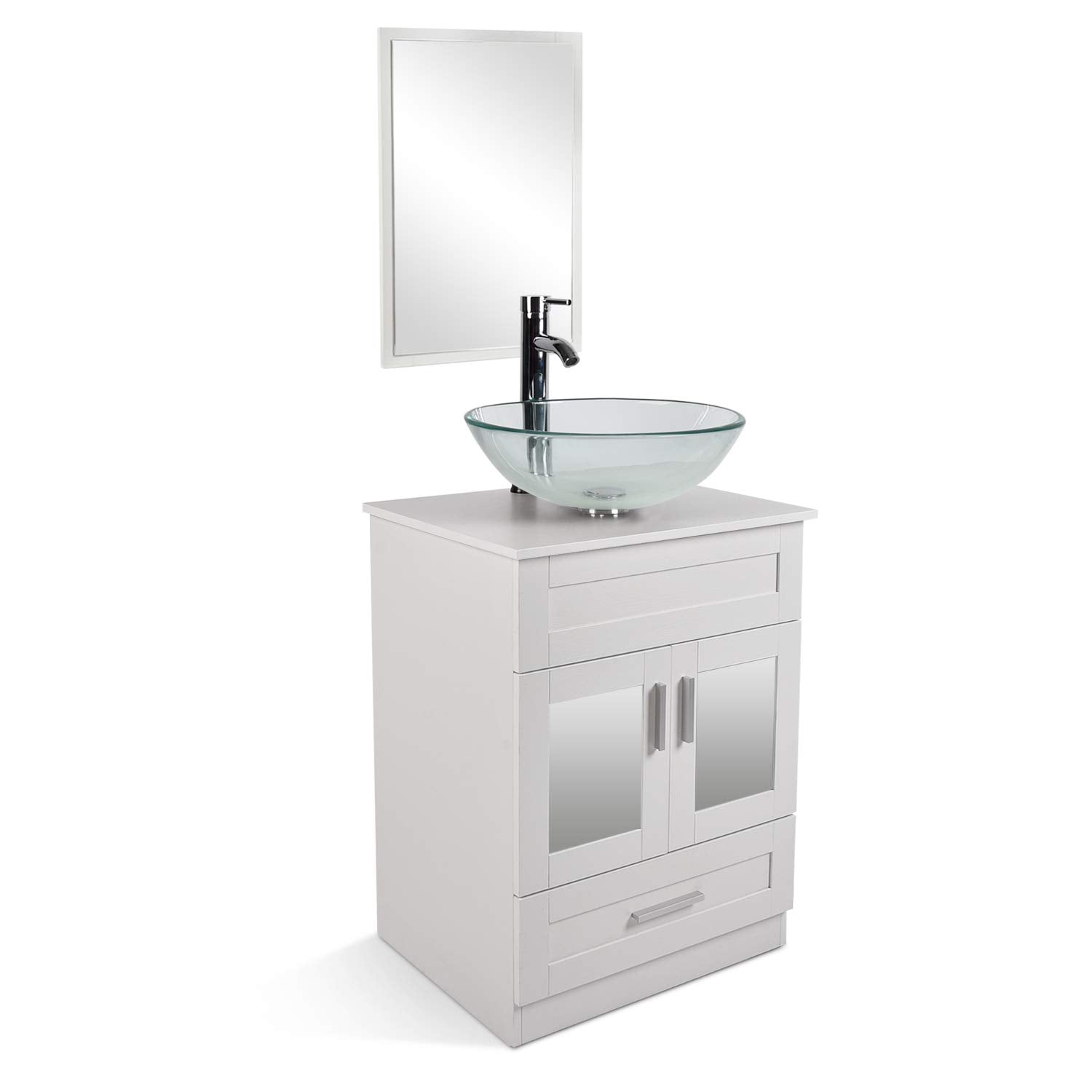 Elecwish White Bathroom Vanity with Glossy Glass Sink Set BA1001-WH