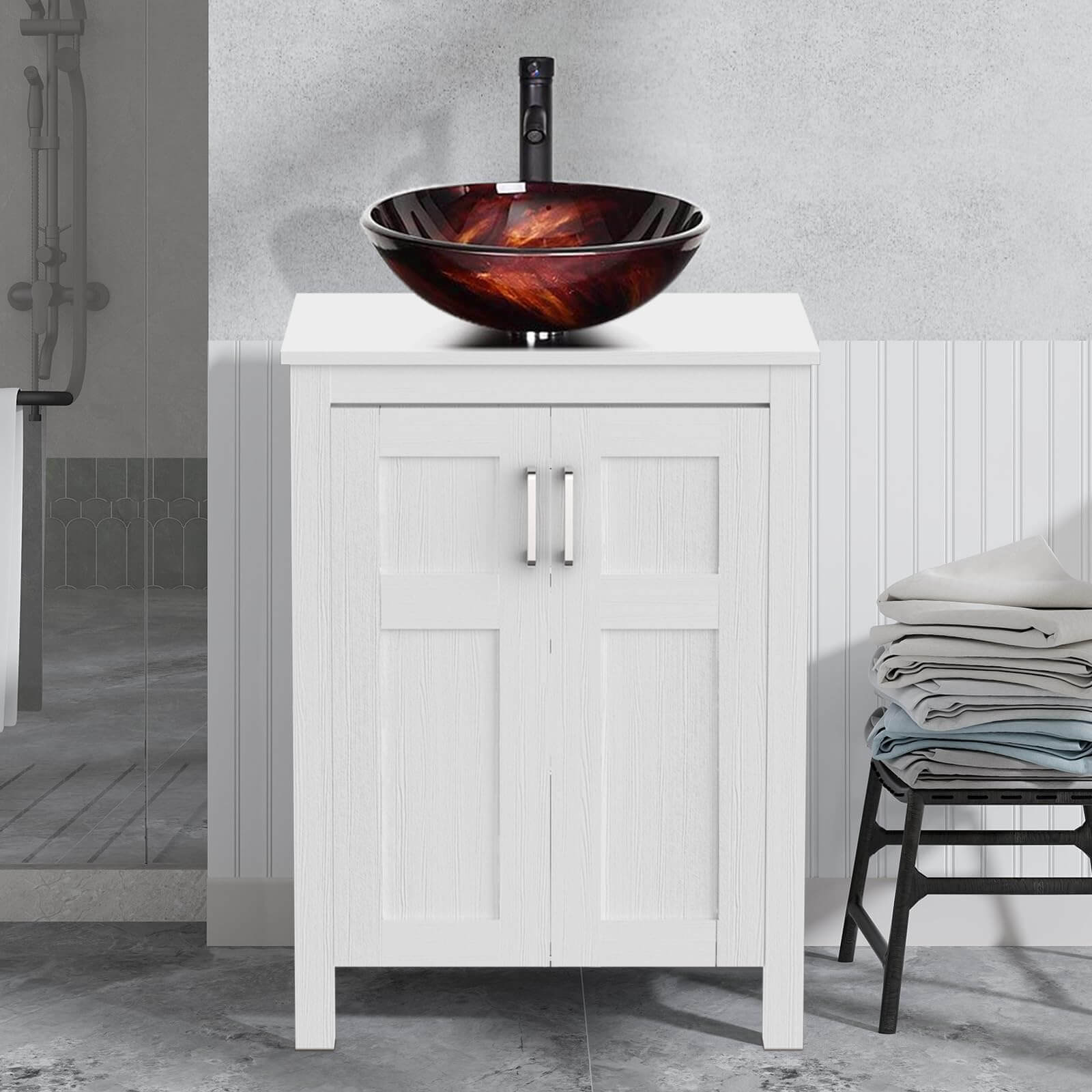 Elecwish White Bathroom Vanity and Flame Red Sink Set HW1120-WH display scene