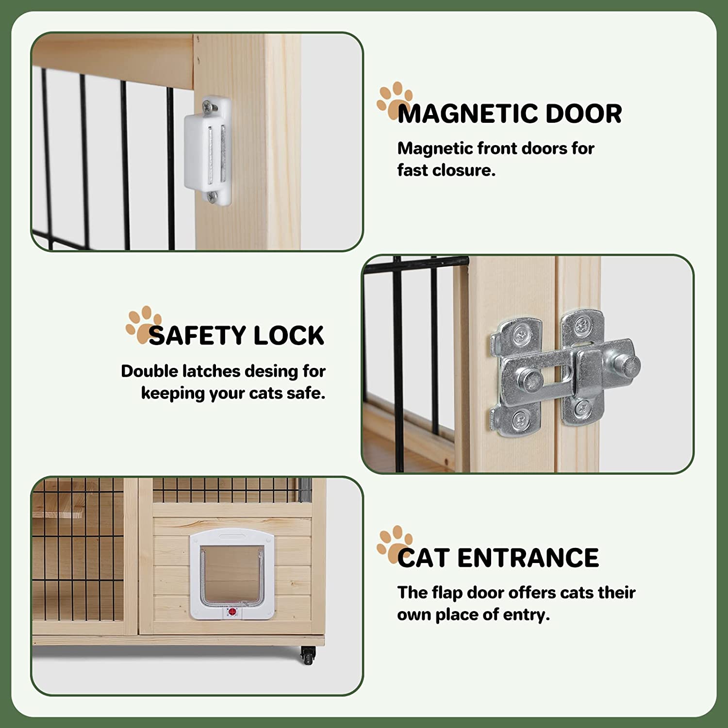 Three features of elecwish Wooden Cat House which are magnetic door, safety lock and cat entrance