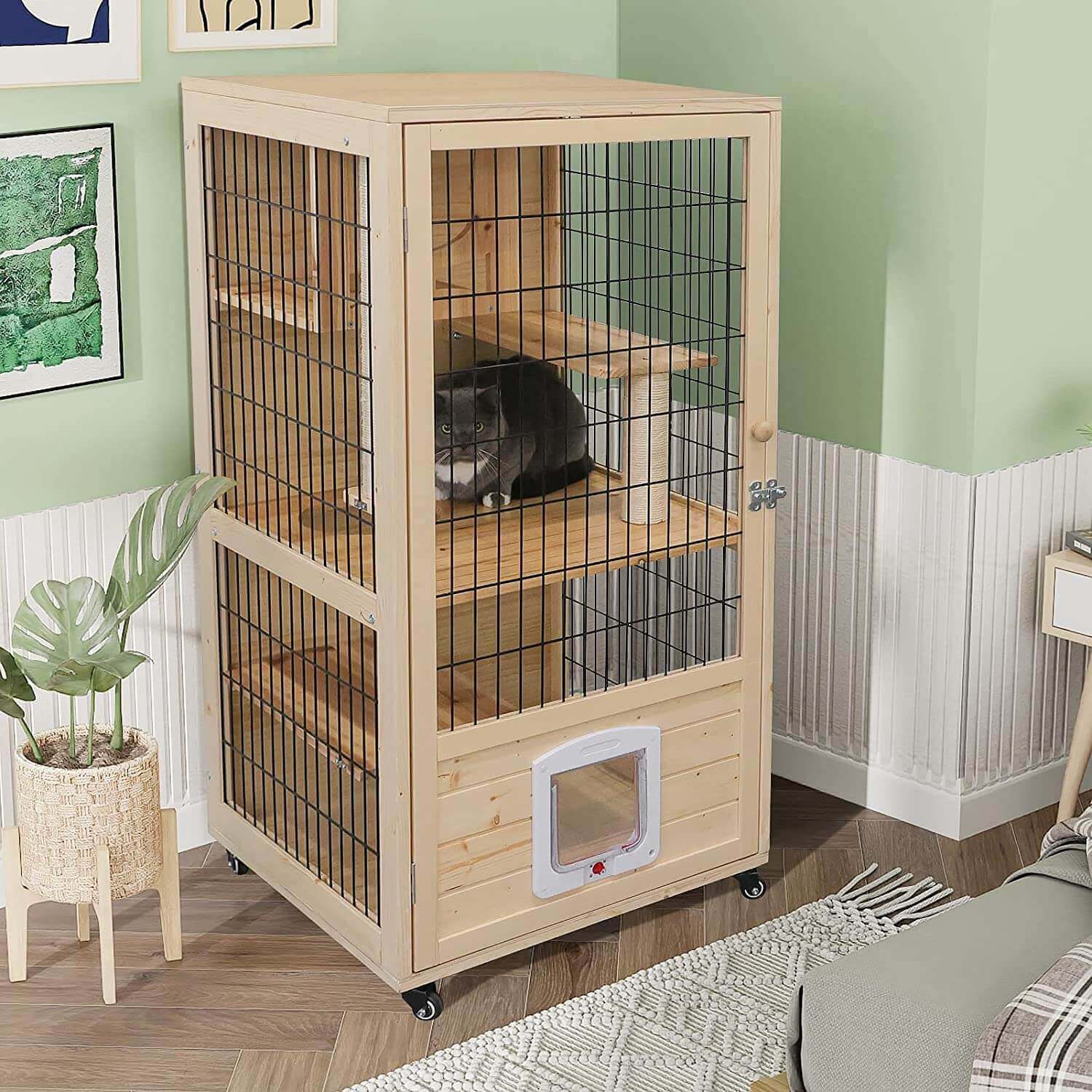 Cat sit in the Closed Elecwish Medium Wooden Cat House