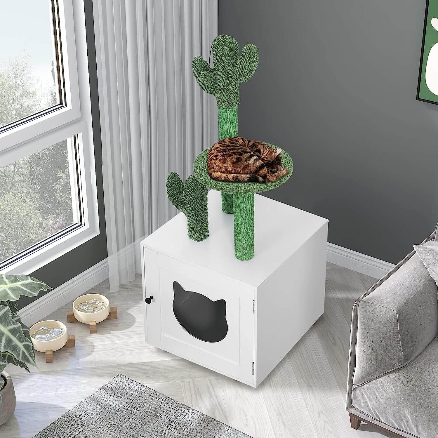 Above view of Litter Box Enclosure with Cactus Cat Tree Tower
