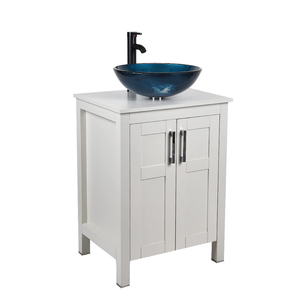 Side view of Elecwish White Bathroom Vanity and Blue Glass Sink Set HW1120-WH