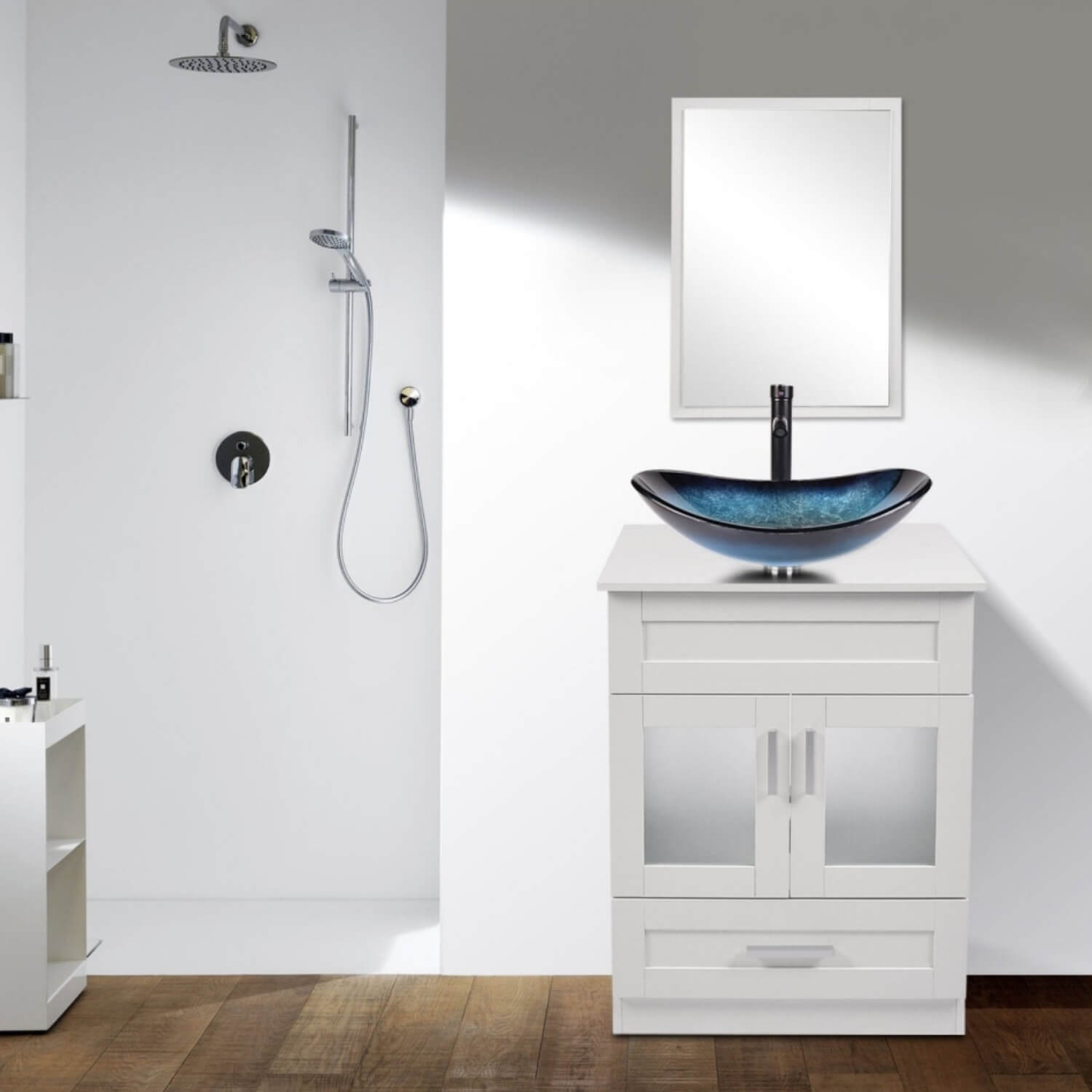 Elecwish White Bathroom Vanity with Blue Boat Sink Set BA1001-WH display scene