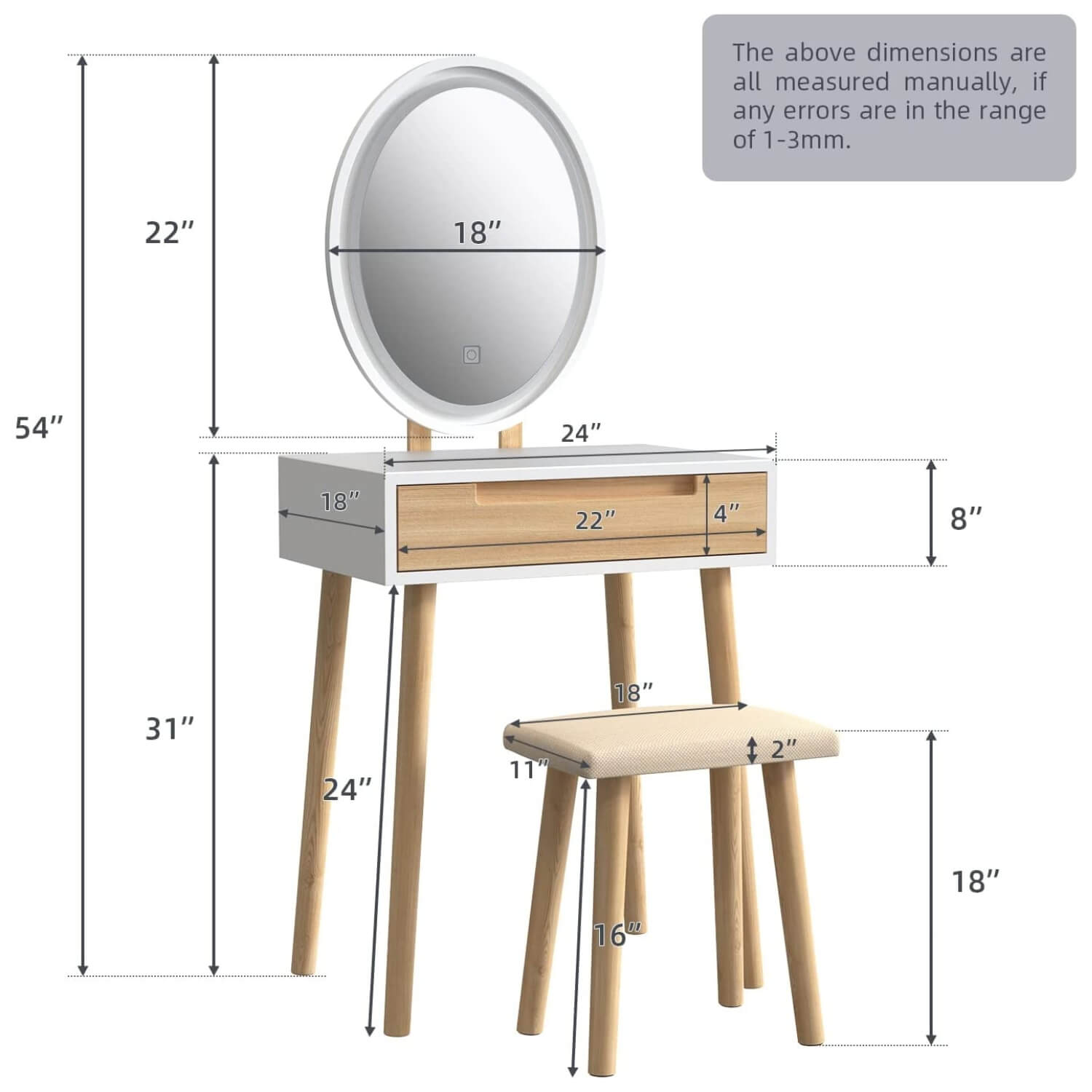 Elecwish Makeup Vanity Table Set with 3 Adjustable Lighted Mirror Stool HW1151WD size