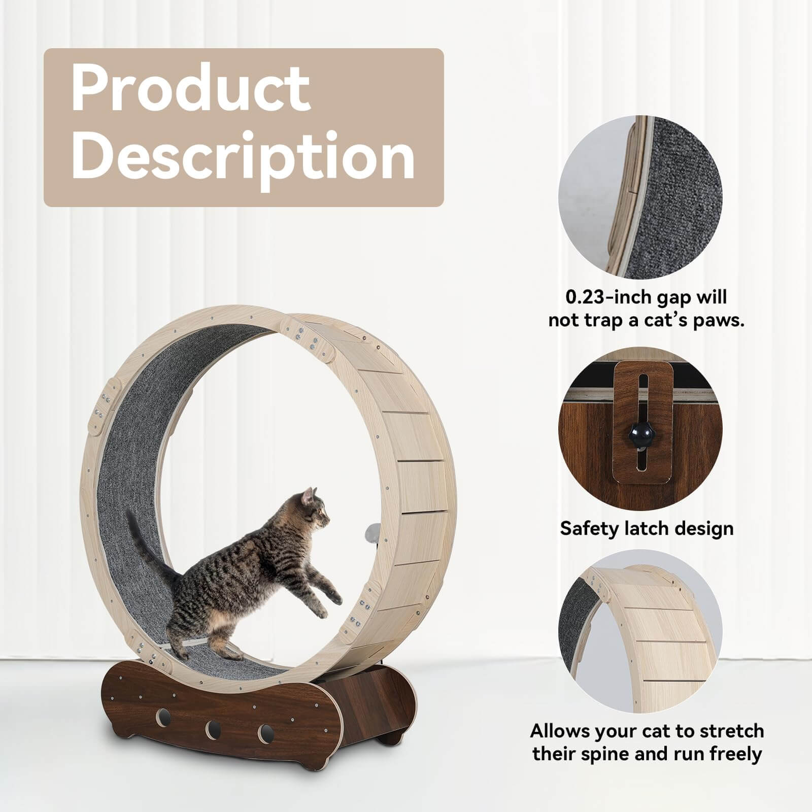 Wooden cat exercise wheel description