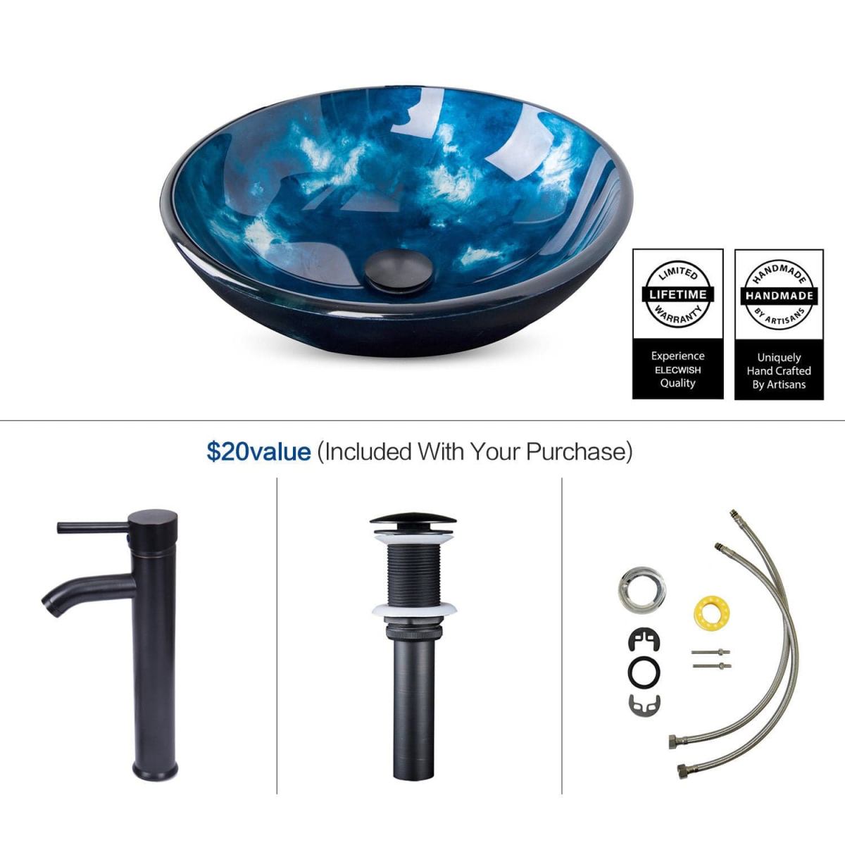 Elecwish ocean blue round sink package included displays