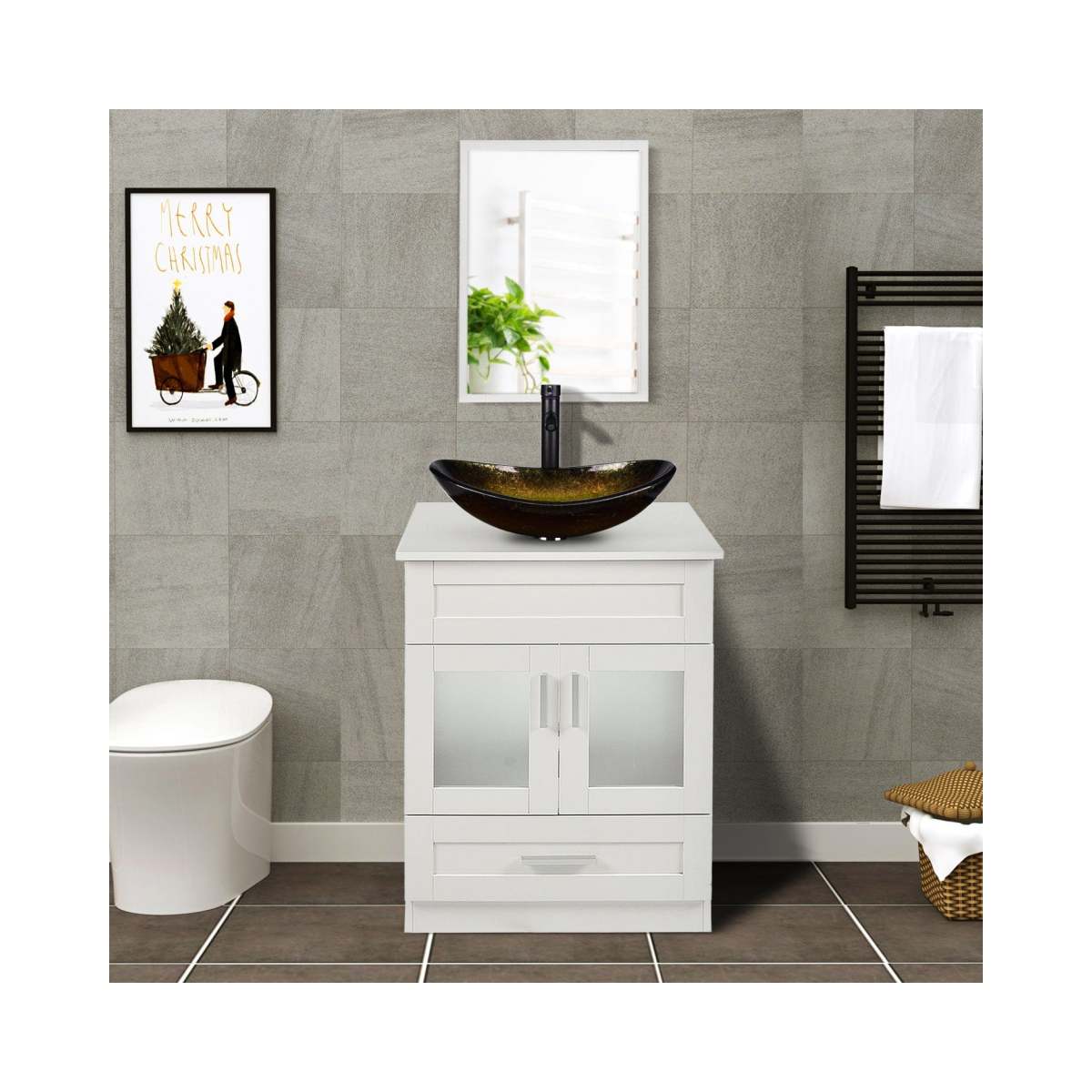 Elecwish White Bathroom Vanity with Gold Boat Sink Set BA1001-WH display scene