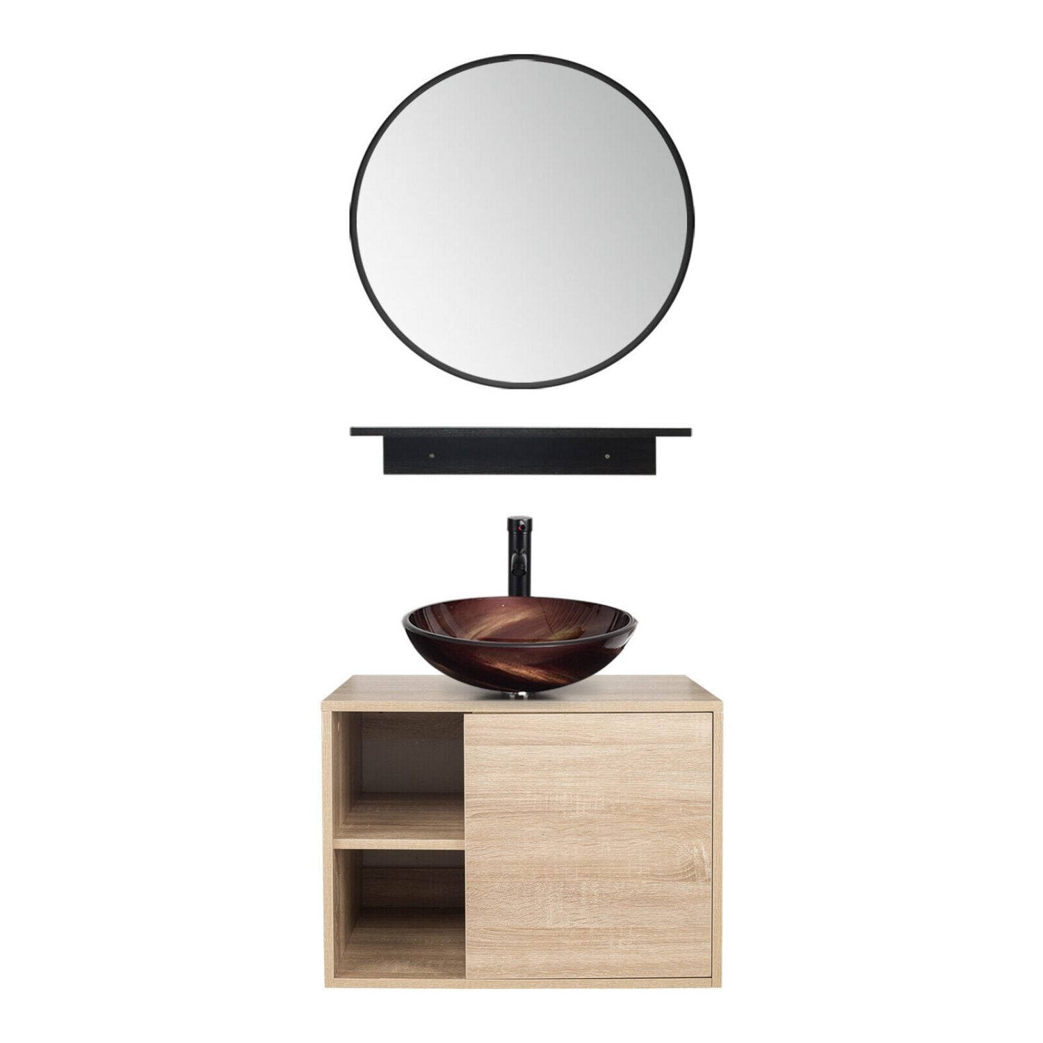 Elecwish Vanity With Red Flame Round Sink Bathroom Vanity Wall Mounted Cabinet Glass Sink Mirror Combo