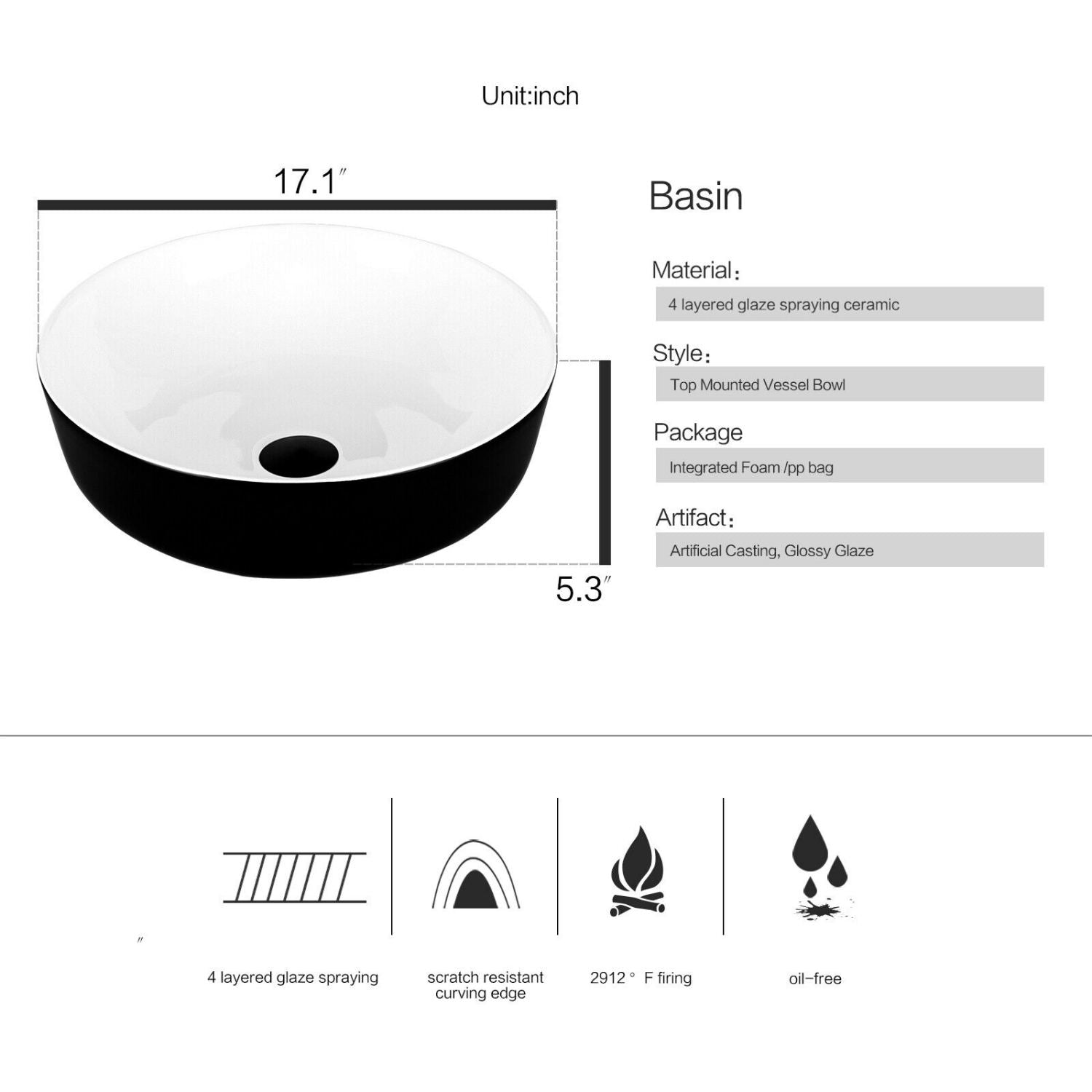 Elecwish round black and white sink basin size and description