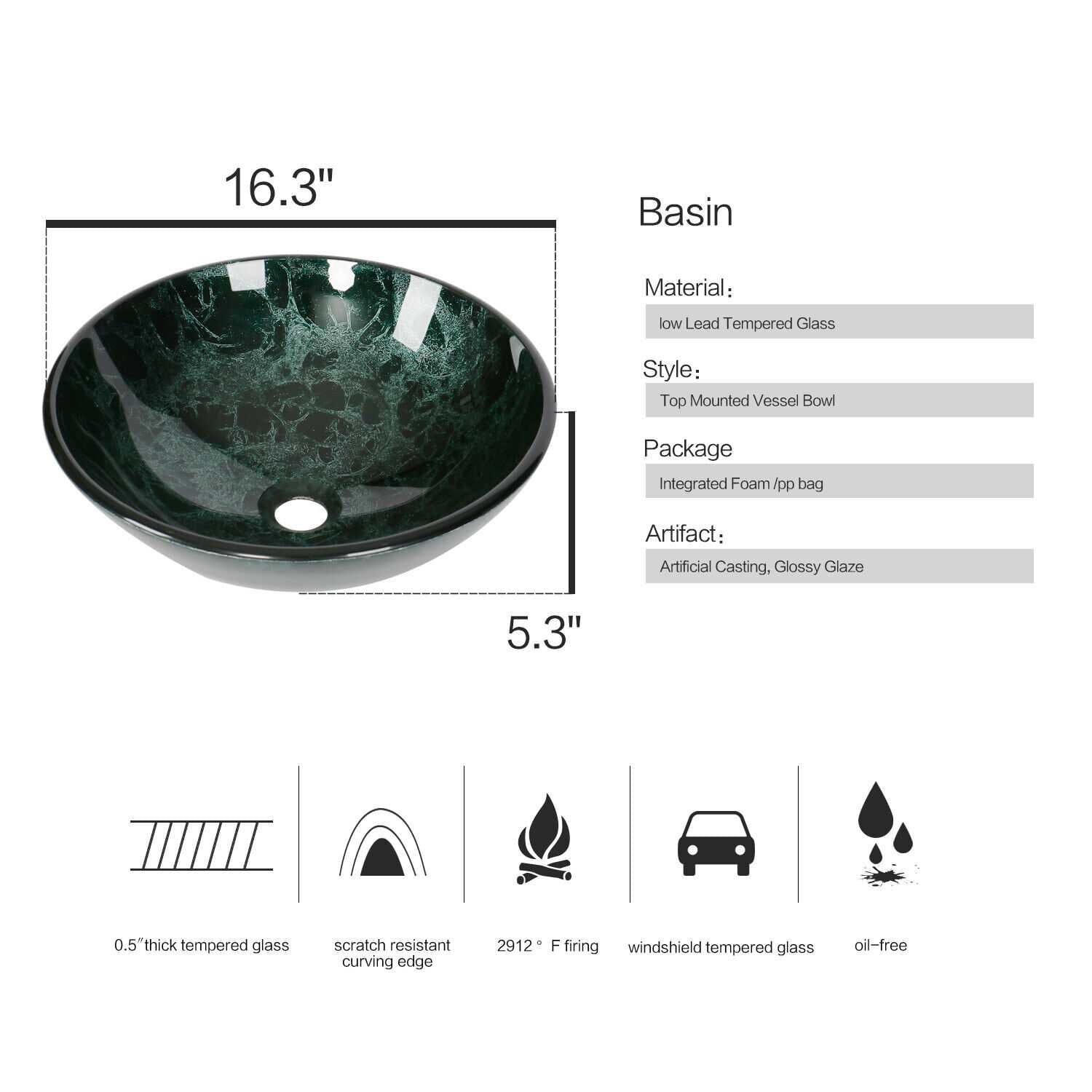 Elecwish round green sink basin size and description