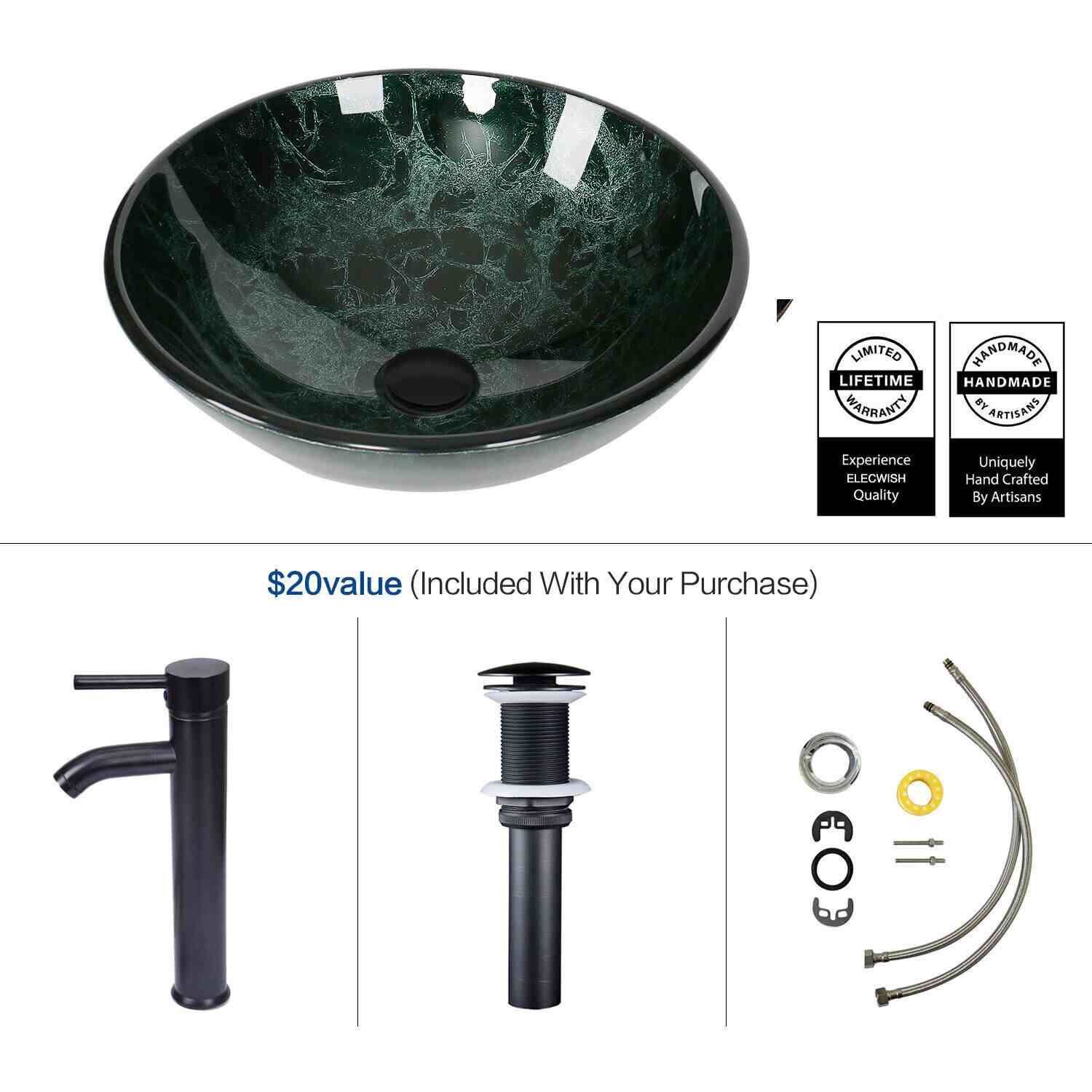 Elecwish round green sink included parts