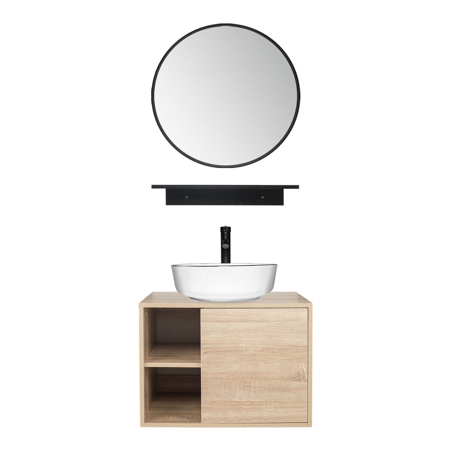 Elecwish natural Wall Mounted Cabinet with Round White Sink Combo US-BV1004