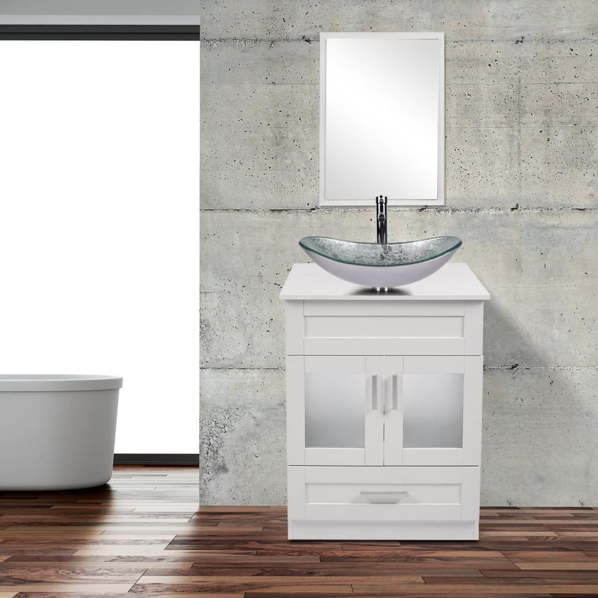 Elecwish White Bathroom Vanity with Silver Boat Sink Set BA1001-WH display scene